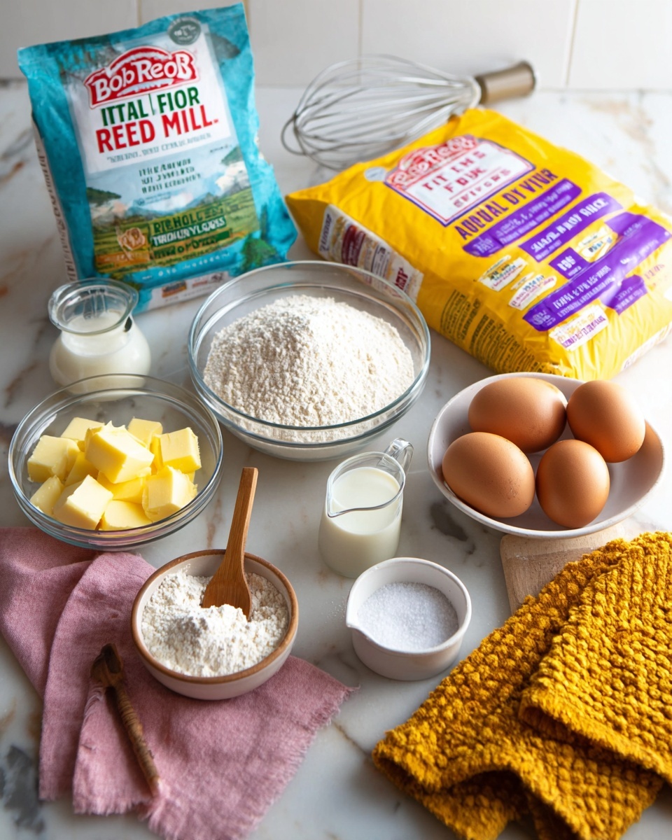 The image shows baking ingredients arranged neatly on a white marbled surface. In the back, there are two packets: a blue and green Bob's Red Mill all-purpose flour bag and a yellow and purple Bob's Red Mill active dry yeast bag. In front, from left to right, there is a clear glass bowl with yellow butter cubes, a white bowl filled with white flour, a small bowl with white sugar, a glass measuring cup with milk, two brown eggs sitting on a pink cloth, a small white cup with a wooden spoon filled with dry yeast, a small round white bowl with salt, and a folded mustard yellow textured cloth on the right. The scene has a bright and clean kitchen background with a white marbled countertop. Photo taken with an iphone --ar 4:5 --v 7
