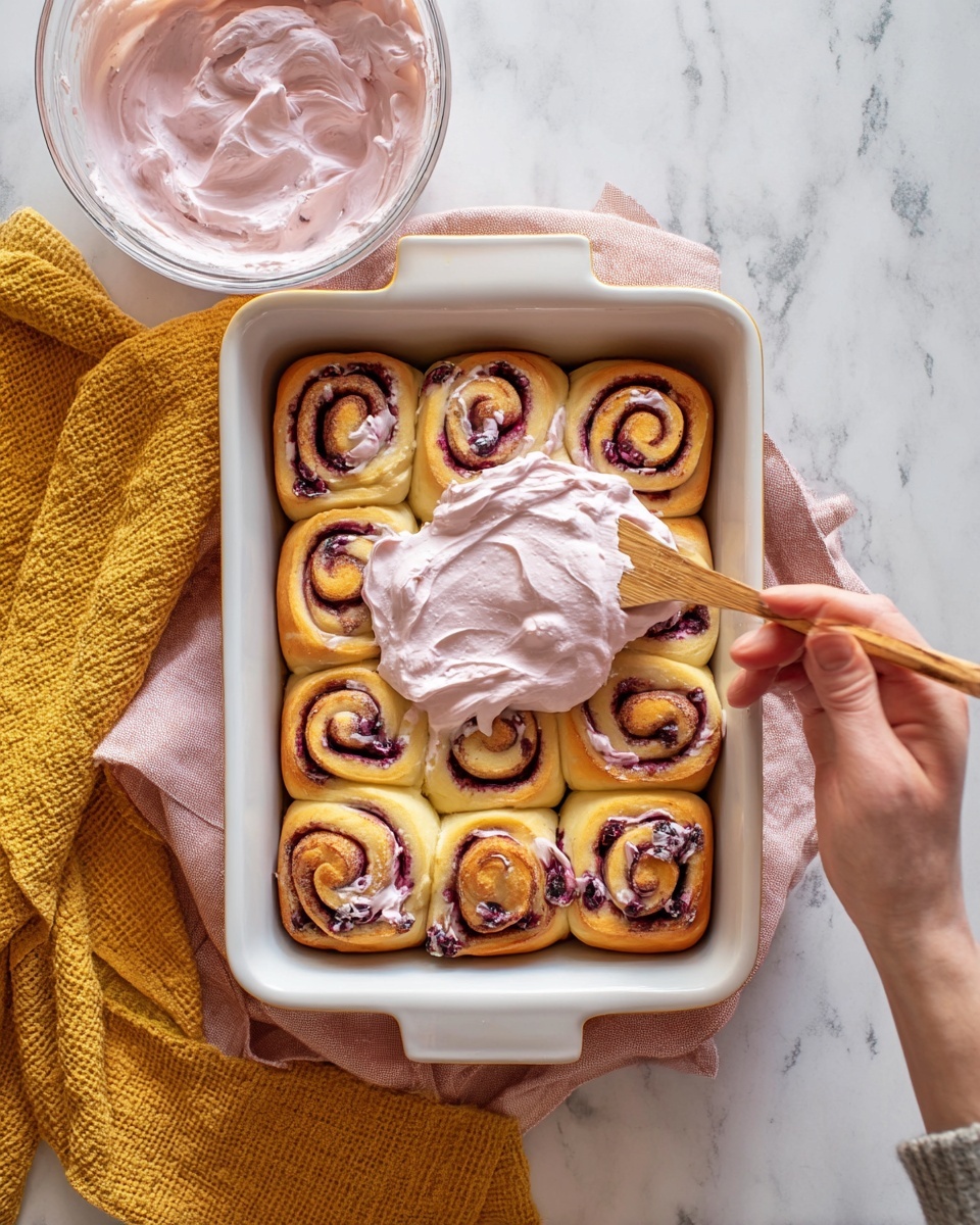 A white rectangular baking dish holds nine warm cinnamon rolls with dark purple swirls of berry filling visible through the light golden-brown dough, arranged in three rows of three. A woman's hand is spreading thick, creamy pale pink frosting over the rolls with a wooden spatula, covering the top center rolls and partially the others. To the left, the woman’s other hand holds a clear glass bowl full of the same pink frosting. The dish sits on a white marbled surface with a folded pink towel beneath the dish handle. A mustard yellow textured cloth is partly visible on the top left corner. Photo taken with an iphone --ar 4:5 --v 7