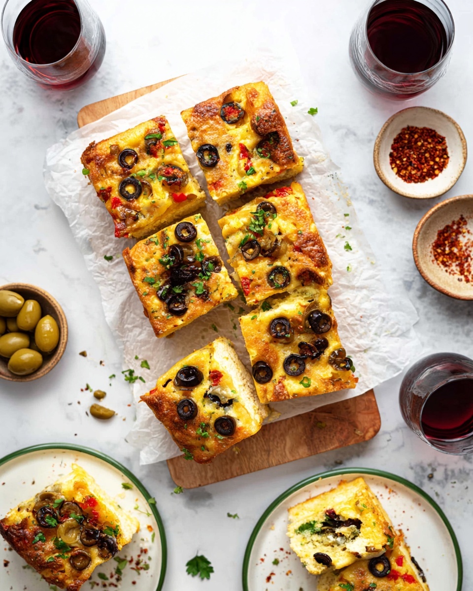 The image shows several square pieces of savory baked dish with a golden brown crust on top, placed on a light wooden board covered with white parchment paper. The dish has two main layers: a thick, soft, pale yellow bottom layer and a browned, slightly crispy top layer. The top is dotted with black and green olive slices, small bits of red bell pepper, and fresh chopped green herbs. Some pieces are served on two white plates with thin green rims; one plate holds two pieces, while the other has one. Around the board are scattered olives and herbs, with two glasses of red wine nearby. The setting is on a white marbled surface with small bowls of crushed red pepper flakes, salt, and some tomato sauce. Photo taken with an iphone --ar 4:5 --v 7
