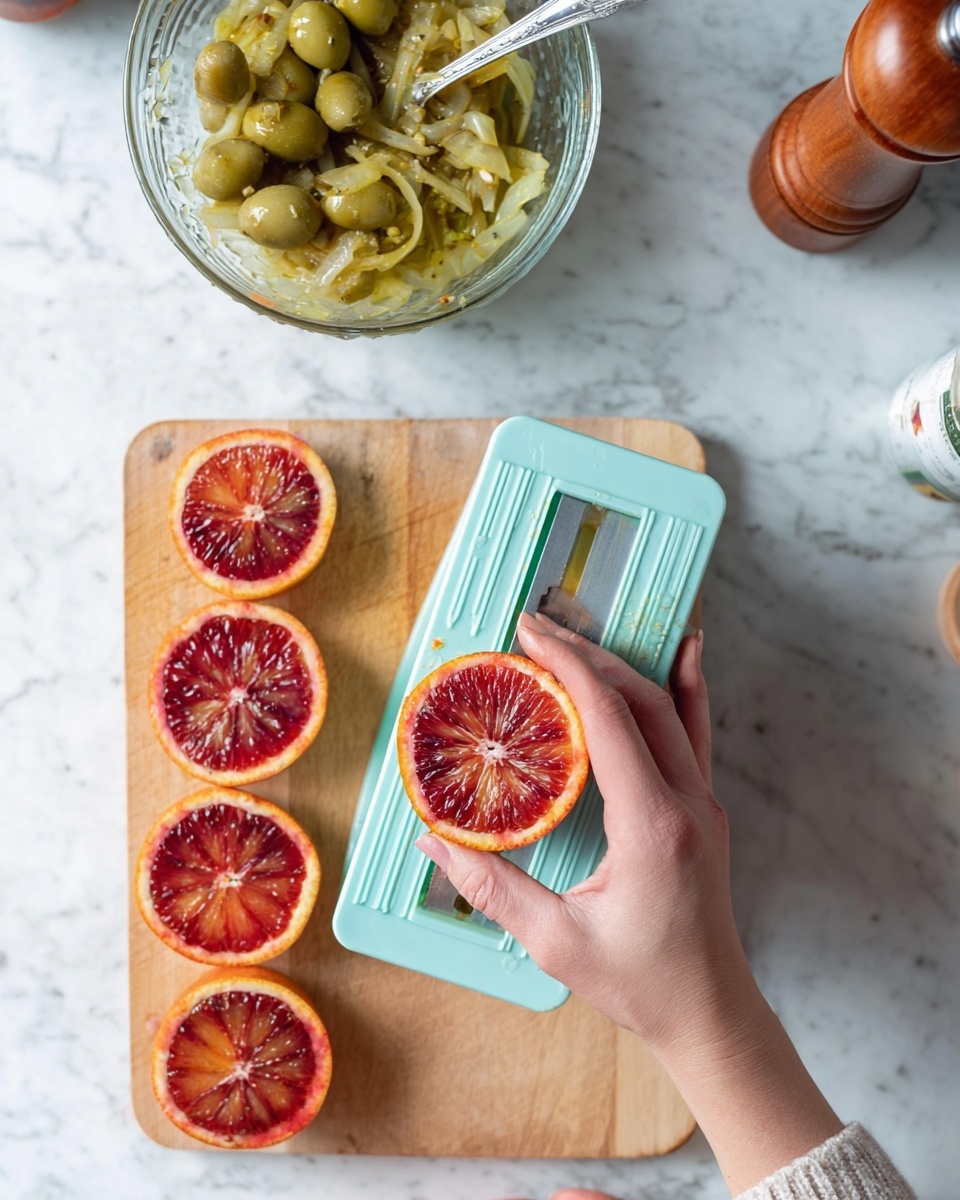 A woman’s hand is seen holding a half-cut blood orange against a light blue slicer on a wooden cutting board. There are six round blood orange slices of varying sizes in a vertical line on the left side of the cutting board, showing their bright red and orange colors with a juicy texture. Above the cutting board, there is a clear glass bowl with green olives mixed with cooked onions, and a silver spoon rests inside. The background is a white marbled surface with a wooden pepper grinder and a bottle partially visible on the upper right side. Photo taken with an iphone --ar 4:5 --v 7