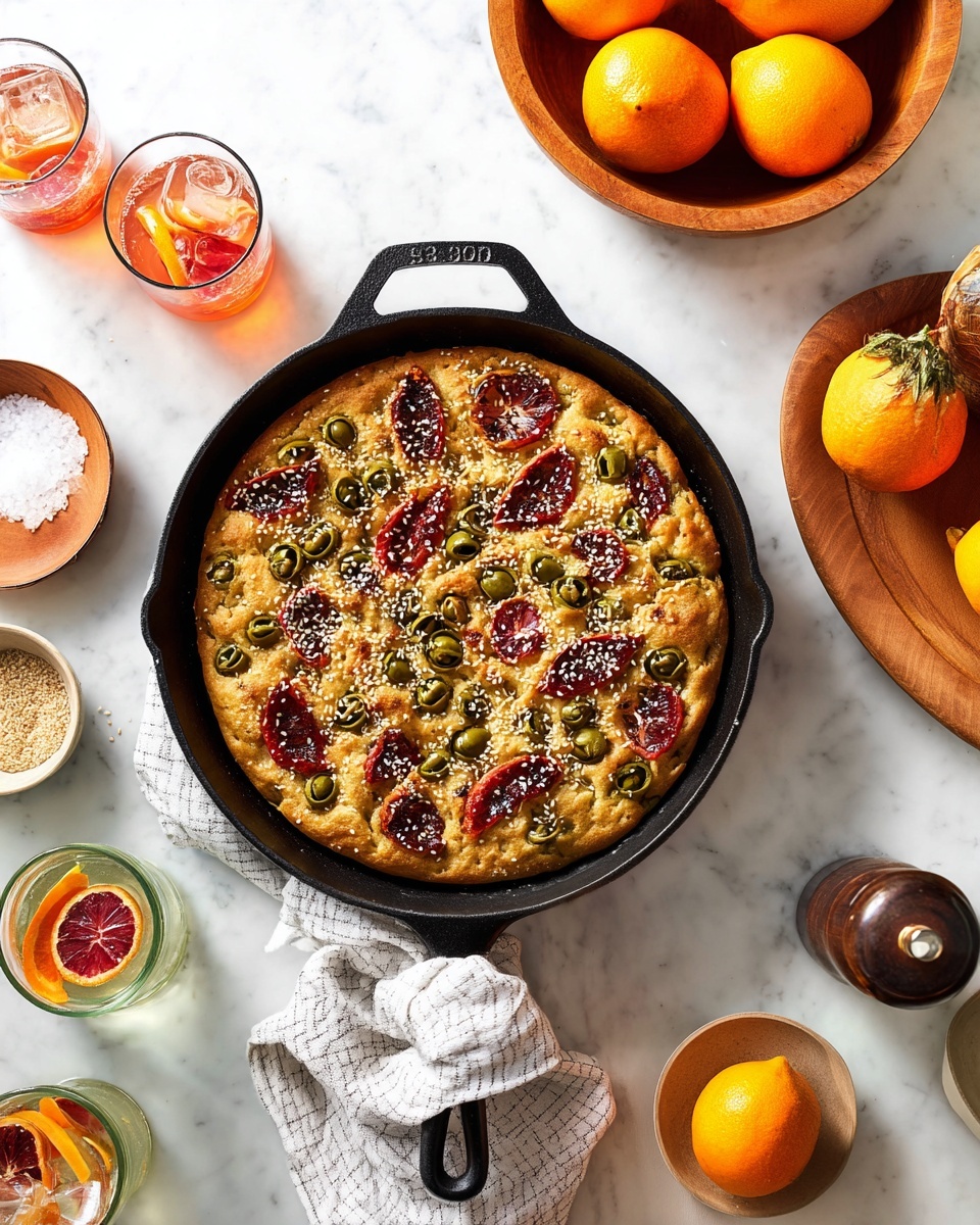 A round focaccia sits inside a black cast iron pan with a white handle wrapped in a checkered cloth. The focaccia has a golden brown crust topped with green olives, thin slices of deep red blood orange, and sprinkled white sesame seeds. The surface looks soft with slightly raised dough around the toppings. The pan is on a white marbled surface surrounded by a wooden bowl with whole oranges, small bowls of sesame seeds and sea salt, a wooden pepper grinder, a bottle of oil, and glasses filled with ice and drinks garnished with blood orange slices. photo taken with an iphone --ar 4:5 --v 7