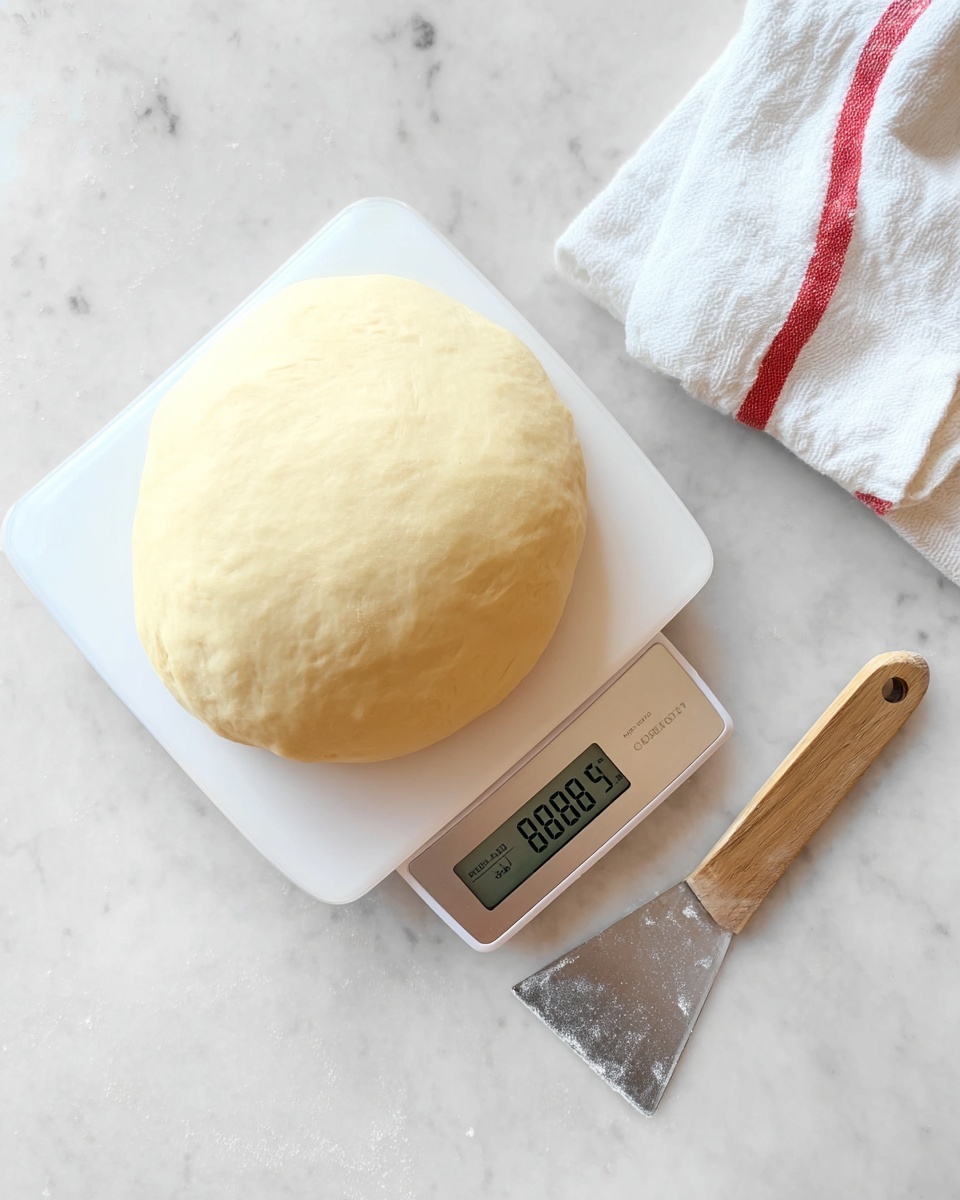 A smooth, round ball of dough with a pale yellow color sits on a white digital kitchen scale showing a weight of 829 grams. The dough looks soft and puffed, with a slightly shiny surface. Next to the scale on the white marbled countertop is a metal dough scraper with a wooden handle. A white cloth with a red stripe edge is partially visible in the upper right corner. The whole scene has a bright, clean feel. photo taken with an iphone --ar 4:5 --v 7