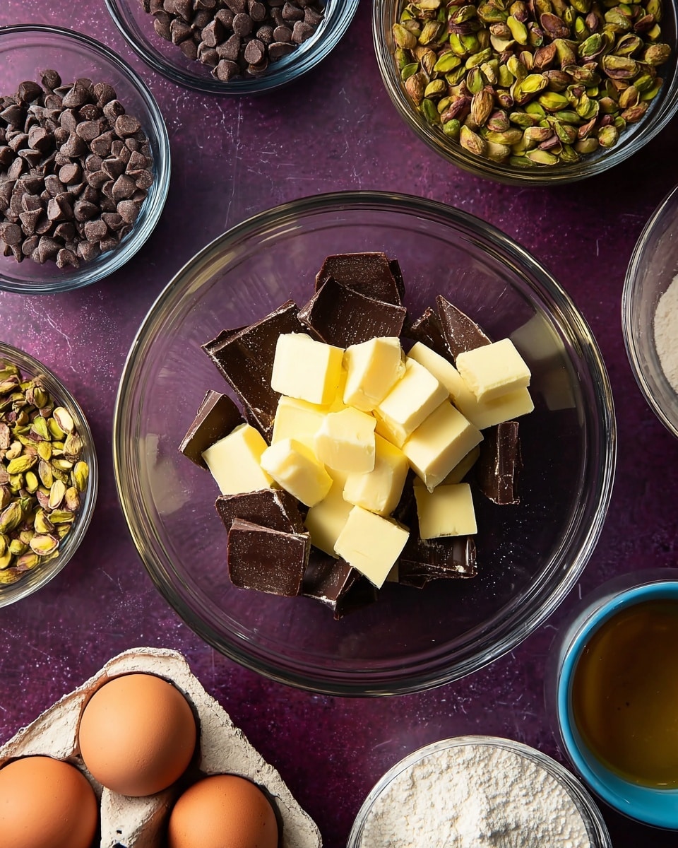 A large clear glass bowl sits in the middle, containing dark chocolate pieces on the bottom and several yellowish butter cubes layered on top, creating two distinct layers. Around the bowl are smaller clear bowls filled with different ingredients: one has shiny dark brown chocolate chips, another is full of greenish-brown shelled pistachios, one holds golden honey, and two blue-rimmed bowls contain white flour and white granulated sugar. On the bottom left corner, three brown eggs rest in a beige carton. All of these items are placed on a dark purple surface with subtle texture. Photo taken with an iphone --ar 4:5 --v 7