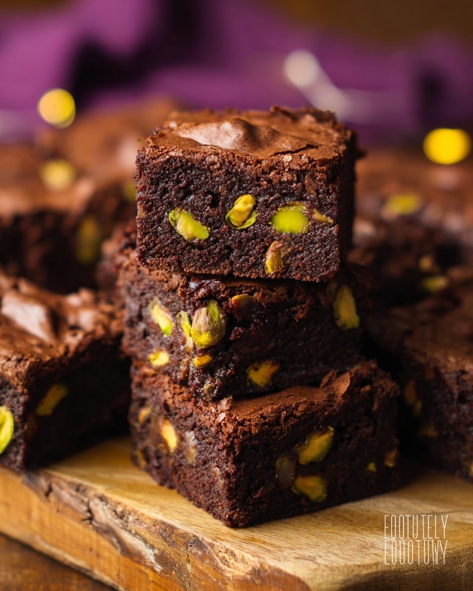 The image shows thick, square pieces of dark brown chocolate brownies with a shiny, cracked top layer. Inside each piece, bright green pistachio nuts are scattered evenly throughout the dense, moist chocolate layer. The brownies are stacked, with one piece placed on top horizontally, revealing a rich, dense texture inside. They sit on a natural wooden board, and the background has a soft purple cloth with blurred elements. The overall look is rustic and inviting, with the contrast between the dark chocolate and the green pistachios standing out clearly. Photo taken with an iphone --ar 4:5 --v 7
