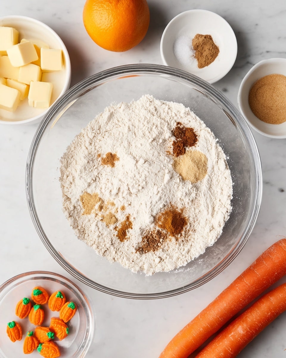 A clear glass bowl sits in the center on a white marbled surface, filled with white flour topped with several scattered areas of brown and light tan spices, creating a textured and varied pattern on top. Around the bowl, there are small white dishes holding yellow butter cubes, a white liquid, and brown sugar spices. Below the bowl are two bright orange carrots and a whole orange. Near the bottom left corner, a small glass bowl contains tiny orange carrot-shaped candies with green tops. The whole scene is bright and clean with a focus on the dry ingredients in the bowl. photo taken with an iphone --ar 4:5 --v 7