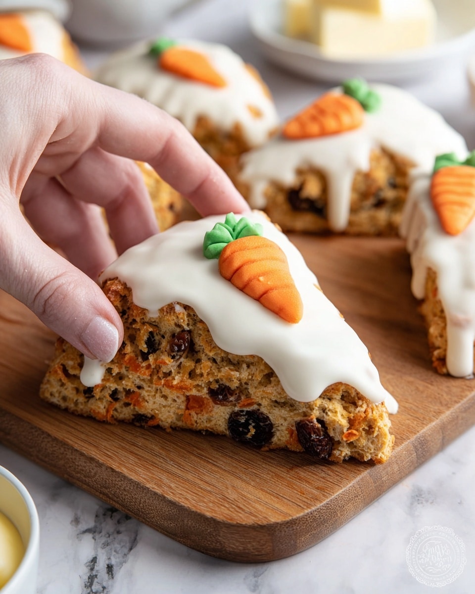 The image shows a close-up of a triangular carrot cake scone with a light brown crumb filled with orange carrot bits and dark raisins. The scone is topped with a thick layer of smooth white icing that slightly drips down the sides. On top of the icing, there is a small orange fondant carrot with green leaves for decoration. The scone is held by a woman’s hand and placed on a wooden board along with several similar scones. The background has a white marbled texture with a white plate and a small white bowl of butter in the corners. Photo taken with an iphone --ar 4:5 --v 7