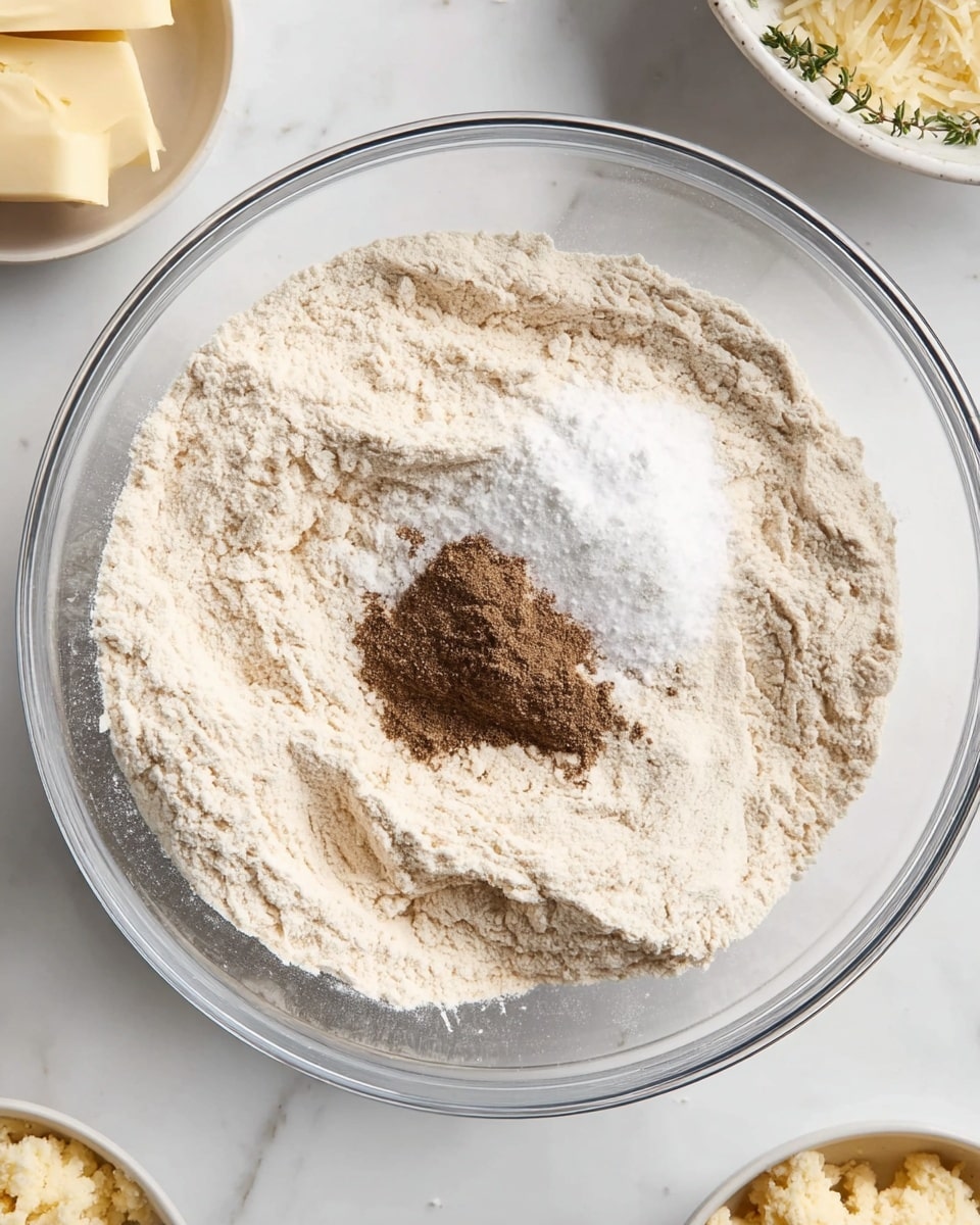A clear glass bowl is filled with a mixture of dry ingredients, mainly a light beige flour base spread evenly across the bowl. On top, there is a small mound of fine white powder, likely baking soda or baking powder, with a small cluster of dark brown powder, possibly ground spices, resting on the white. Around the bowl, parts of a white marbled textured surface are visible, along with small bowls containing additional ingredients, one with pale yellow butter and another with a crumbly cheese, partially visible. Photo taken with an iphone --ar 4:5 --v 7