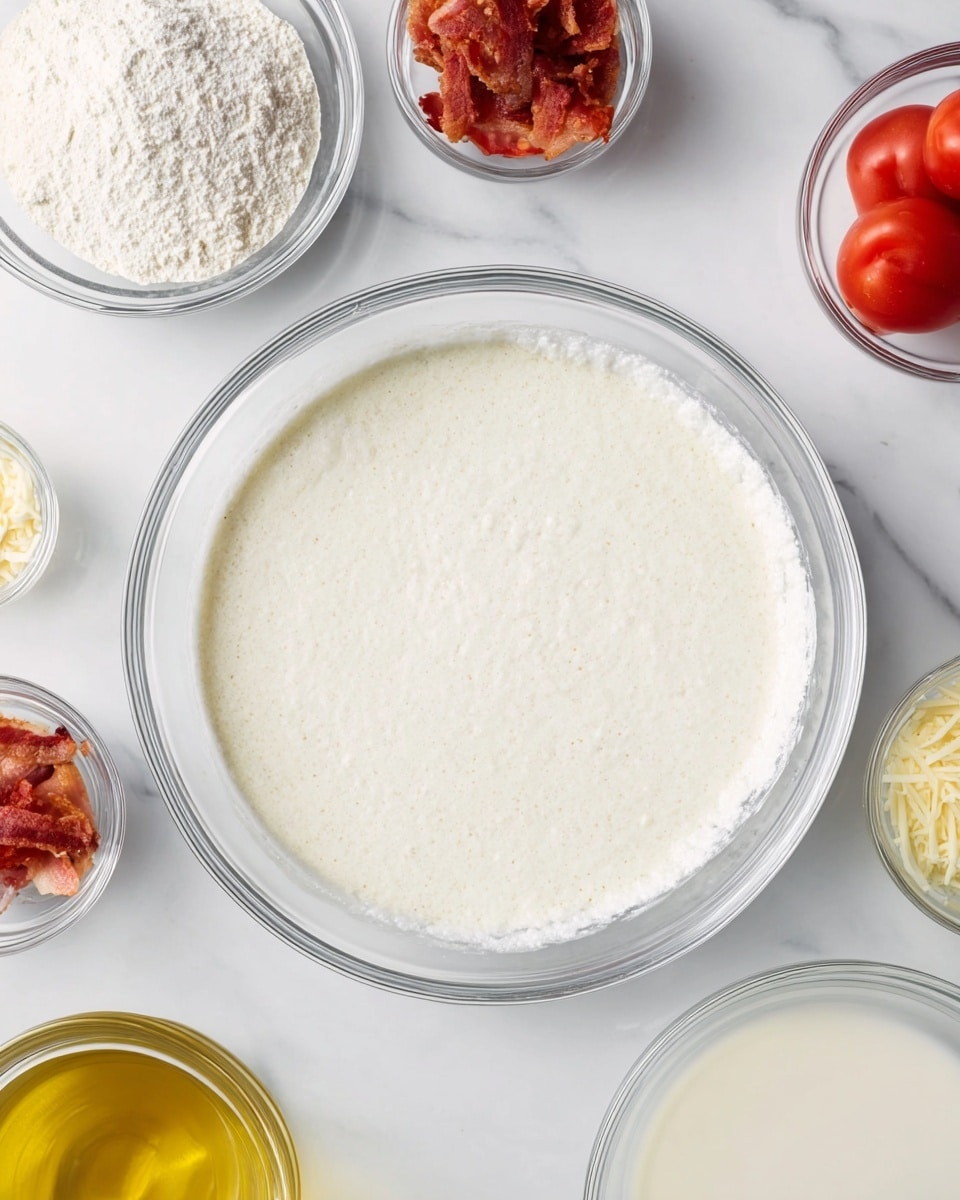 The image shows a flat, smooth layer of white batter or liquid in a clear glass bowl at the center. Around the bowl, there are smaller clear glass bowls each holding different ingredients: red raw tomatoes, small pieces of cooked bacon, white flour, shredded cheese, golden yellow oil, and cream-colored liquid. All bowls are placed on a white marbled surface, creating a clean and bright setting. The ingredients have soft textures and subtle colors, with the bacon showing a rough, crispy look and the tomatoes smooth and shiny. Photo taken with an iphone --ar 4:5 --v 7