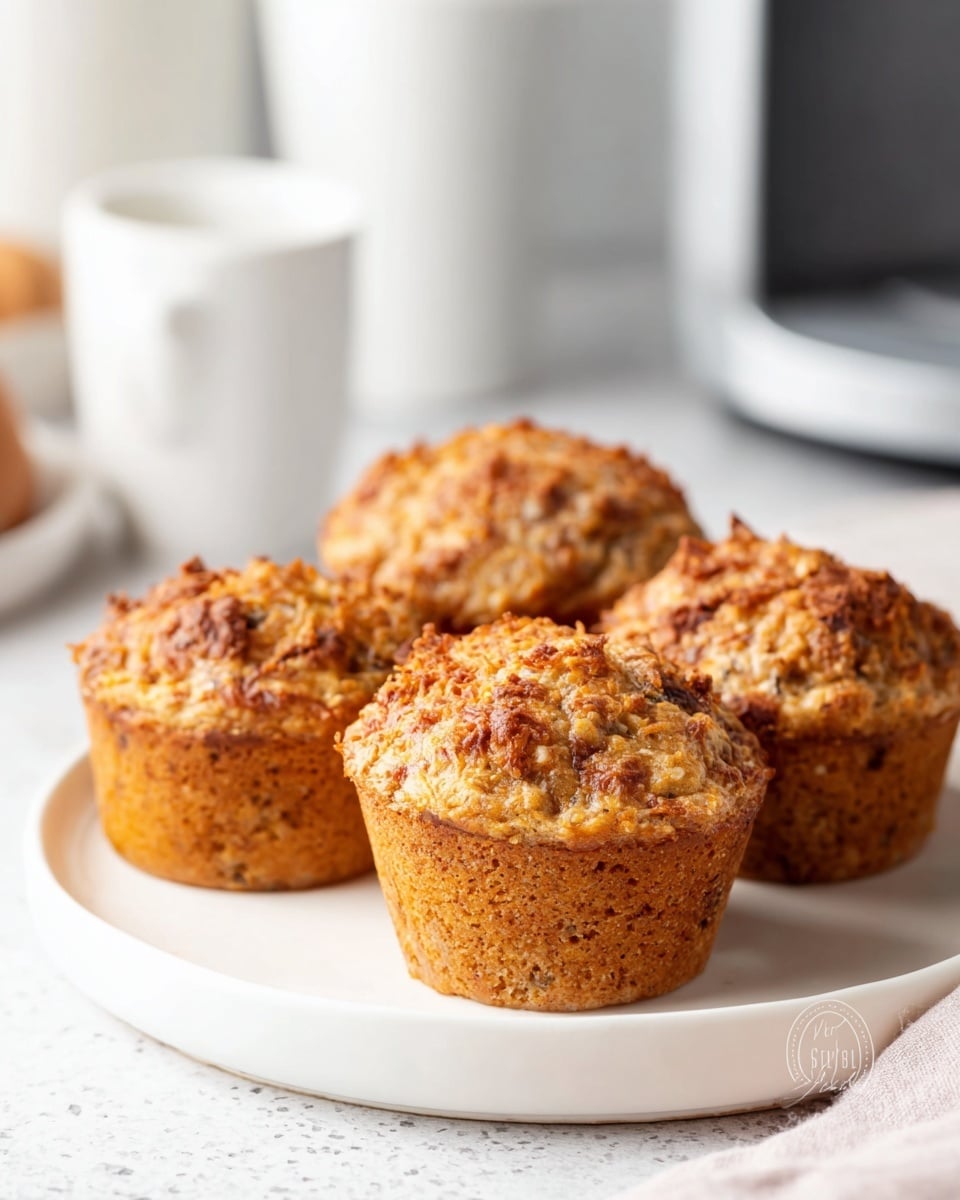 The image shows four golden-brown muffins placed closely together on a white plate. Each muffin has a rough, crispy top layer with a mix of darker brown and lighter orange tones, showing a crunchy texture. The sides of the muffins are a light beige color with small bits of ingredients visible inside, creating a rustic look. The surface underneath the plate has a white marbled texture, blending softly with the background. The setting includes a blurred white and gray backdrop with kitchen items partly visible. photo taken with an iphone --ar 4:5 --v 7