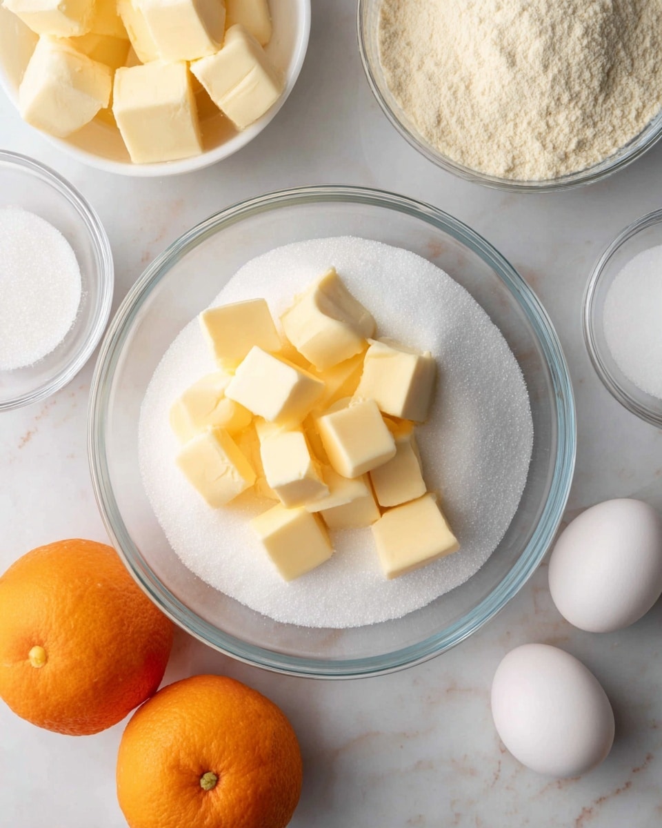 A clear glass bowl contains a bottom layer of white granulated sugar topped with even cubes of pale yellow butter, placed in the center on a white marbled surface. Nearby, there are two round bright orange oranges, a small white bowl filled with white granulated sugar, another small white bowl holding cubes of pale yellow butter, a white bowl with three white eggs, and a clear bowl containing a light beige powder suggestive of flour. The lids of the bowls are clear or white, contrasting with the vibrant colors of the ingredients, all arranged neatly on the white marbled texture. Photo taken with an iphone --ar 4:5 --v 7