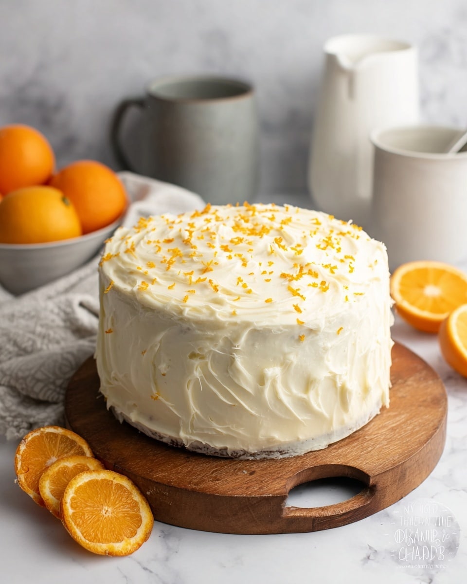 A round cake with three layers, all covered in creamy white frosting that looks soft and thick. The frosting is spread unevenly with swirls and peaks, giving a rustic look. On top of the cake, there are small orange zest sprinkles scattered all over, adding a bright contrast to the white frosting. The cake sits on a wooden board with a handle cutout at the front. In the background, there are whole and halved oranges, a white milk jug, a gray pot, and a white mug, all set on a white marbled surface. Photo taken with an iphone --ar 4:5 --v 7
