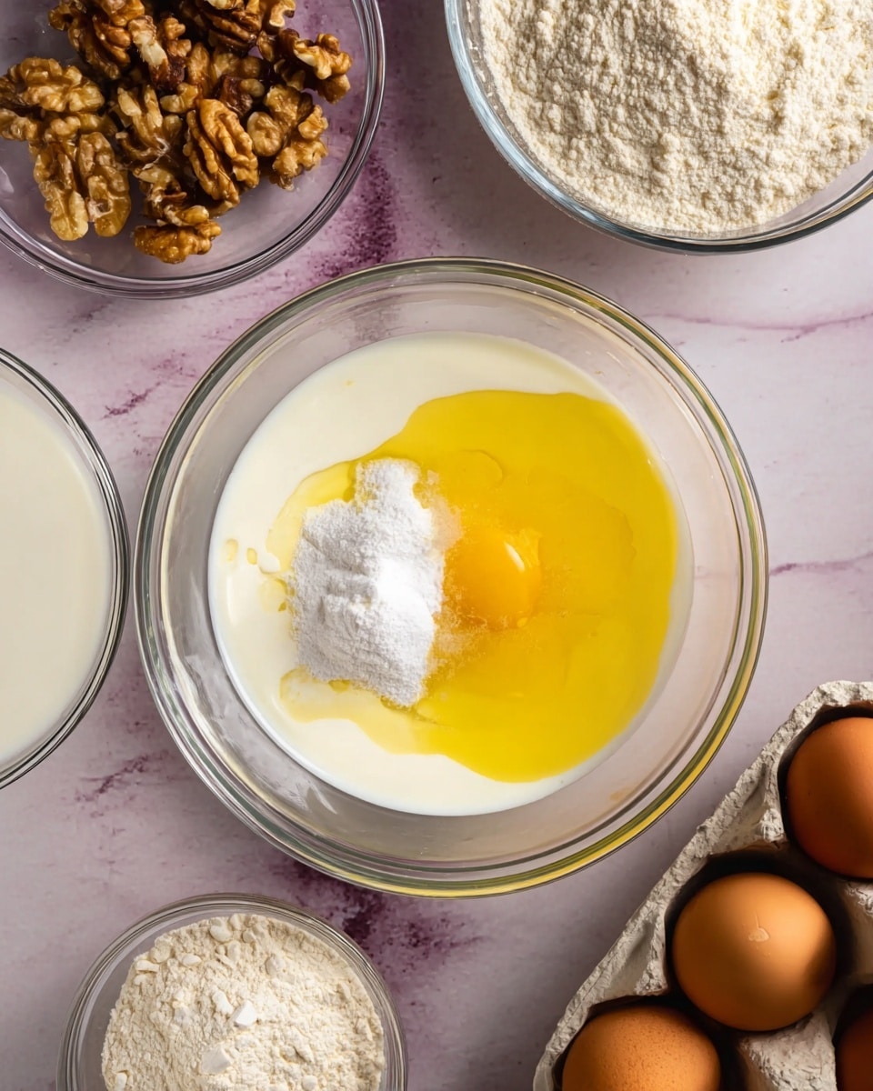 The image shows a clear glass bowl in the center filled with three layers: a white creamy liquid at the bottom, a yellow egg yolk with clear egg white on the right, and a small mound of white powder on the left. Around the bowl are smaller clear glass bowls containing whole walnuts on the top left, white flour on the top right, and white milk on the bottom left. On the bottom right, part of a carton holds three brown eggs. All items are placed on a surface with a white marbled texture. photo taken with an iphone --ar 4:5 --v 7