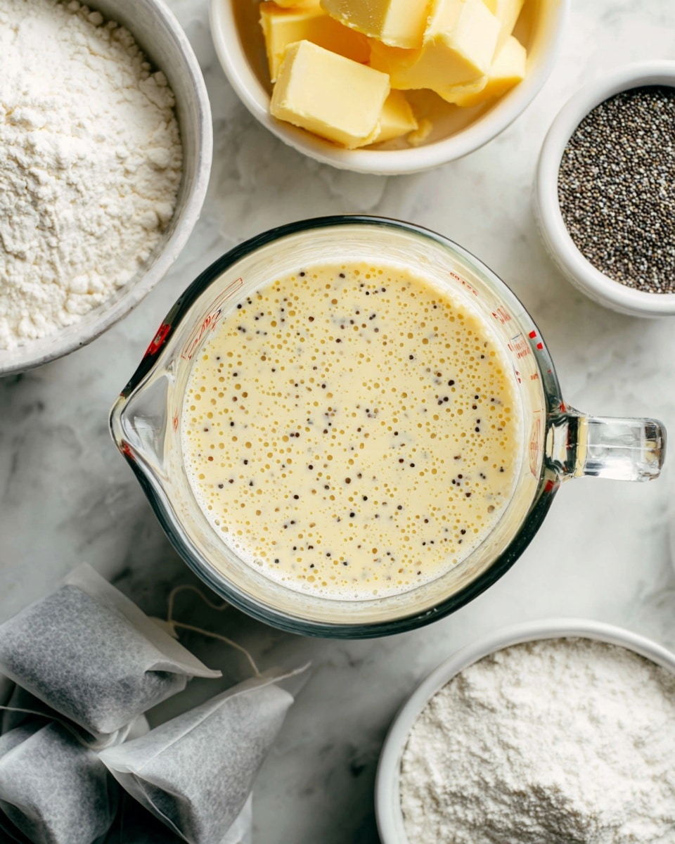 A clear glass measuring jug sits in the center on a white marbled surface, filled with a creamy beige liquid spotted with many tiny black specks evenly spread throughout. Around the jug, on the white marbled surface, there are bowls of ingredients, including one with solid yellow chunks of butter and another with fine white flour. A few grey tea bags are stacked to the left of the jug. The scene is simple and clean, showing the mixture ready for baking preparation, photo taken with an iphone --ar 4:5 --v 7