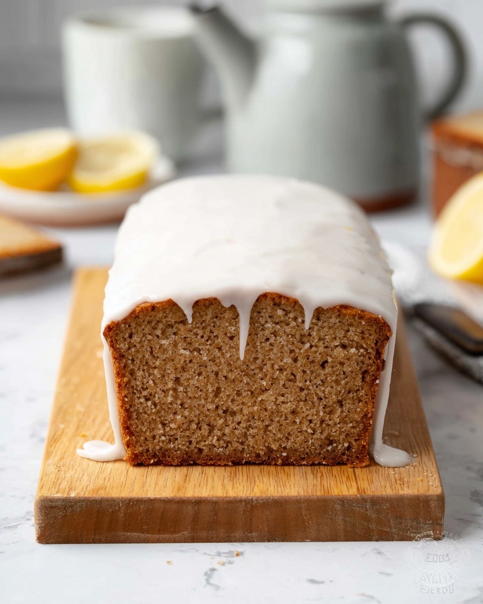 The image shows a loaf cake placed on a light wooden board, with a smooth white icing layer evenly spread thickly on the top and slightly dripping over the sides. The cake itself has a dense texture and a warm light brown color with tiny darker specks throughout. The background features a white marbled surface with softly blurred kitchen items in shades of white and gray, including a teapot, a mug, and a lemon wedge. The front of the cake is the main focus, showing the moist interior and clean edges. Photo taken with an iphone --ar 4:5 --v 7