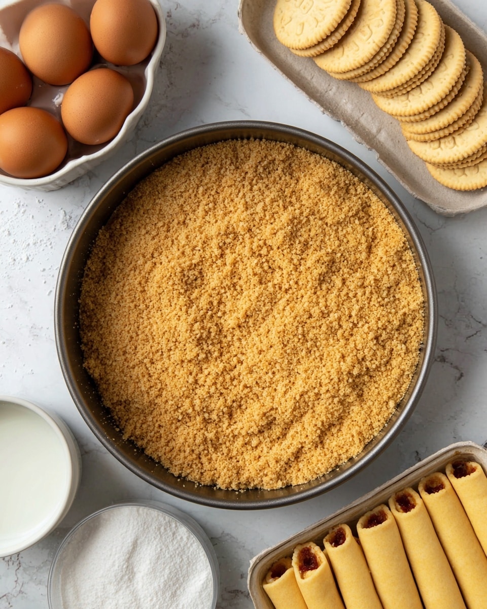 A round dark baking pan filled with a thick, even layer of golden brown crumbly mixture, likely crushed biscuits or crumbs, covering the entire bottom. Around the pan, on a white marbled surface, there is a stack of plain round biscuits with text imprint, a carton with six brown eggs showing their smooth shells, a white bowl filled with white granulated sugar, and a rectangular container with rolled dough pieces lined up, each with a yellowish dough exterior and a red filling inside. Photo taken with an iphone --ar 4:5 --v 7