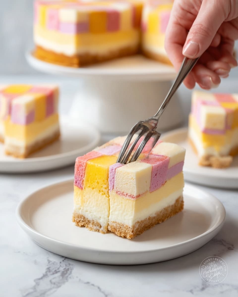 The image shows a slice of a three-layered cake on a white plate placed on a white marbled surface. The bottom layer is a light brown crumbly base, the middle layer is a smooth yellow cheesecake, and the top layer is a colorful checkerboard pattern made of pink and yellow sponge cake squares, wrapped with a pale cream-colored border. A woman’s hand is holding a fork, gently digging into the cheesecake layer. In the background, more slices and a whole cake with similar layers are visible on white plates and stands. Photo taken with an iphone --ar 4:5 --v 7