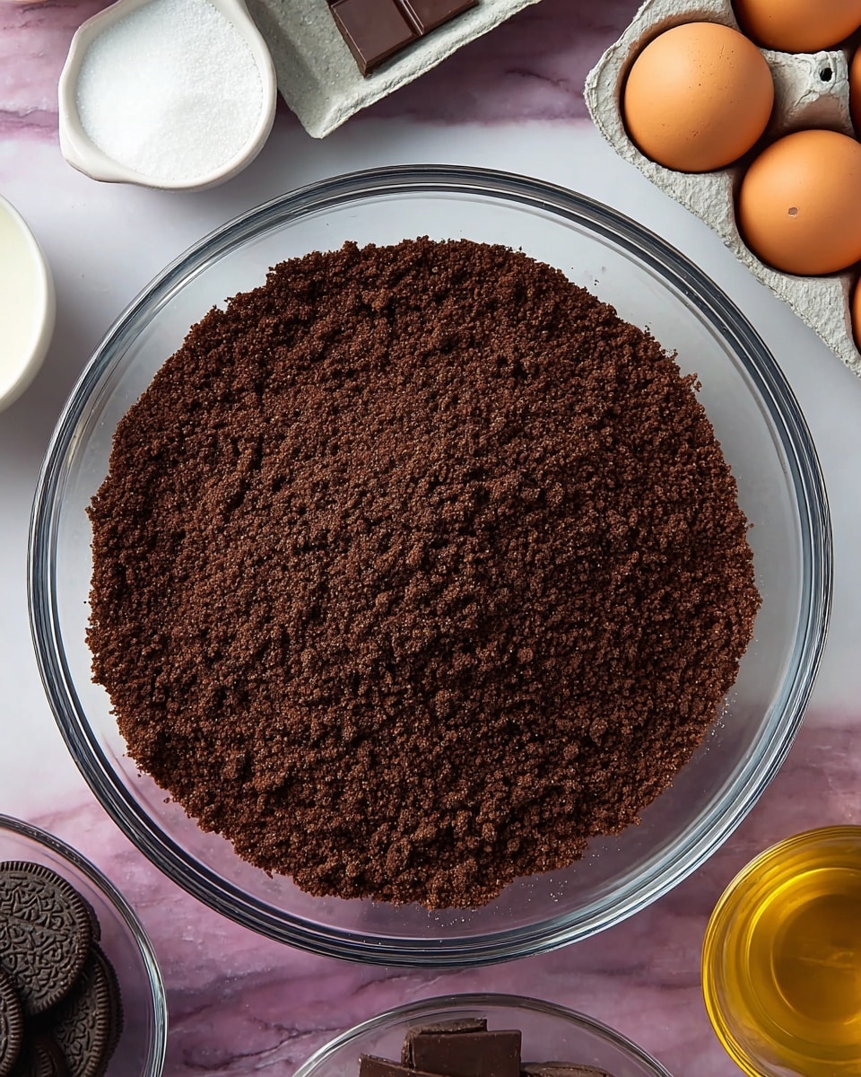 A clear glass bowl filled with finely crushed chocolate cookie crumbs, dark brown in color and evenly spread flat inside the bowl. Around the bowl are several ingredients: a small white bowl with white granulated sugar, two brown eggs in a light gray cardboard carton, a glass bowl of dark chocolate squares, a glass bowl of chocolate sandwich cookie pieces, and a small glass bowl of golden liquid, all placed on a white marbled surface. The photo taken with an iphone --ar 4:5 --v 7