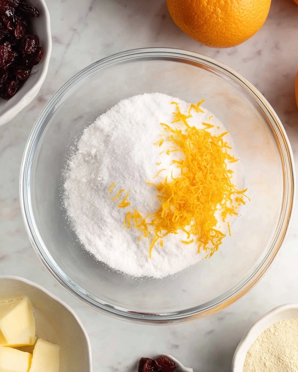 A clear glass bowl sits on a white marbled surface. Inside the bowl, there is a layer of white sugar covering the bottom with finely grated orange zest placed on top towards the right side, adding a bright pop of color. Around the bowl, on the white marbled surface, are parts of other white bowls: one containing chunks of pale yellow butter at the bottom left, one with a light beige powder at the bottom right, and another filled with dark red dried fruits at the top center. Two whole oranges are visible to the right side of the bowl. The lighting is soft and natural, highlighting the fluffy texture of the sugar and the delicate strands of orange zest. photo taken with an iphone --ar 4:5 --v 7