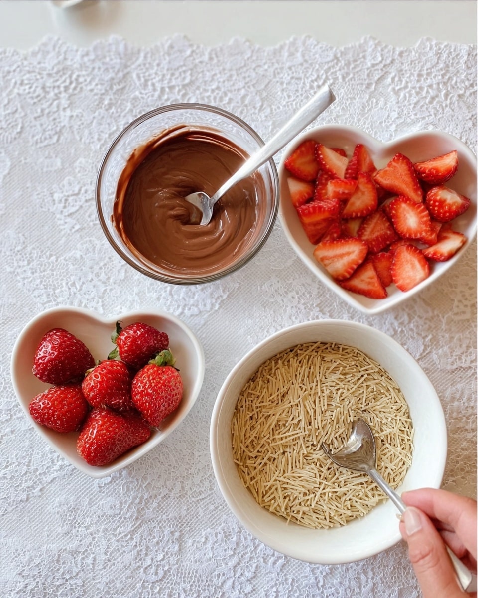 The image shows a white marbled table with a small glass bowl of melted chocolate being stirred by a woman's hand holding a silver spoon. Next to it are four whole strawberries and a white small heart-shaped bowl filled with sliced strawberries. In the front is a white bowl filled with toasted, light brown thin vermicelli noodles. Everything is arranged neatly on a white lace cloth. Photo taken with an iphone --ar 4:5 --v 7