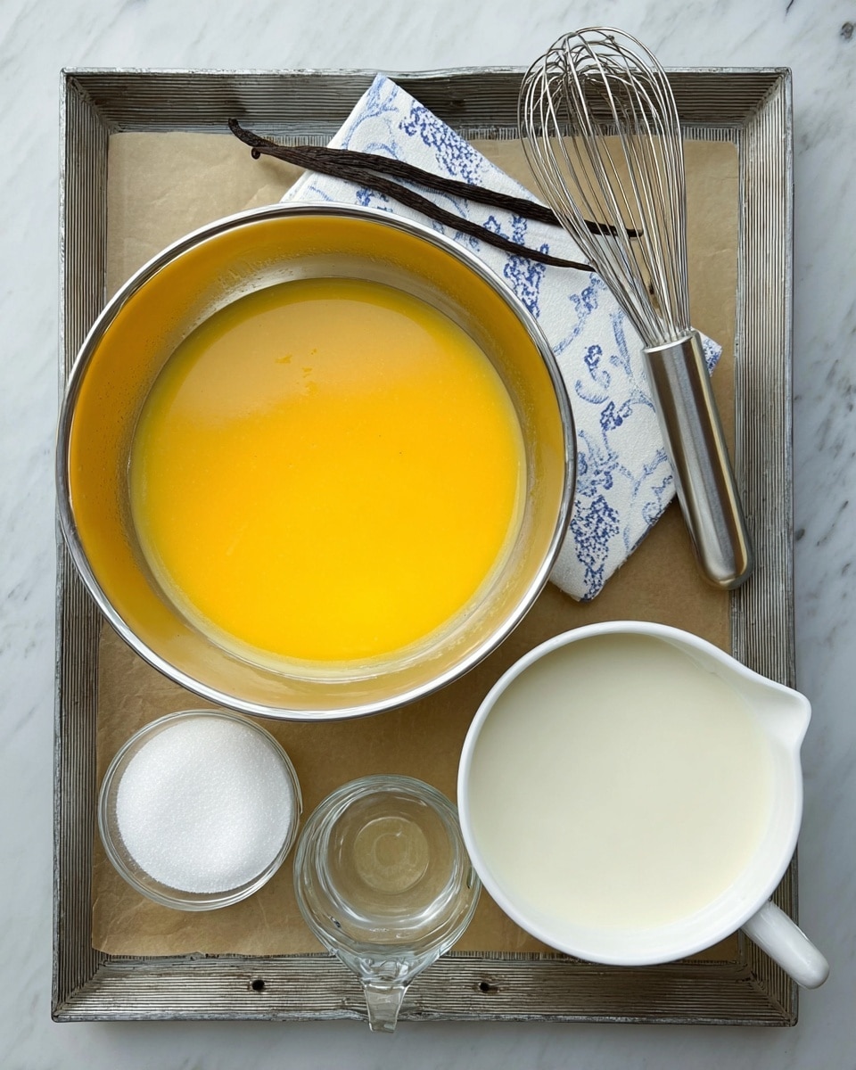 A metal mixing bowl is filled with a smooth, bright yellow liquid, placed on a tray lined with parchment paper on a white marbled surface. Next to the bowl is a shiny silver whisk resting on a folded cloth with a blue and white pattern. On the left side, there's a small glass bowl of white granulated sugar with a dark brown vanilla bean stick laying across it. Below that, a clear measuring cup holds a light cream-colored liquid. To the right of the measuring cup, a small white saucepan contains a creamy white liquid. The tray and items are neatly arranged for preparing a dessert or sauce. Photo taken with an iphone --ar 4:5 --v 7
