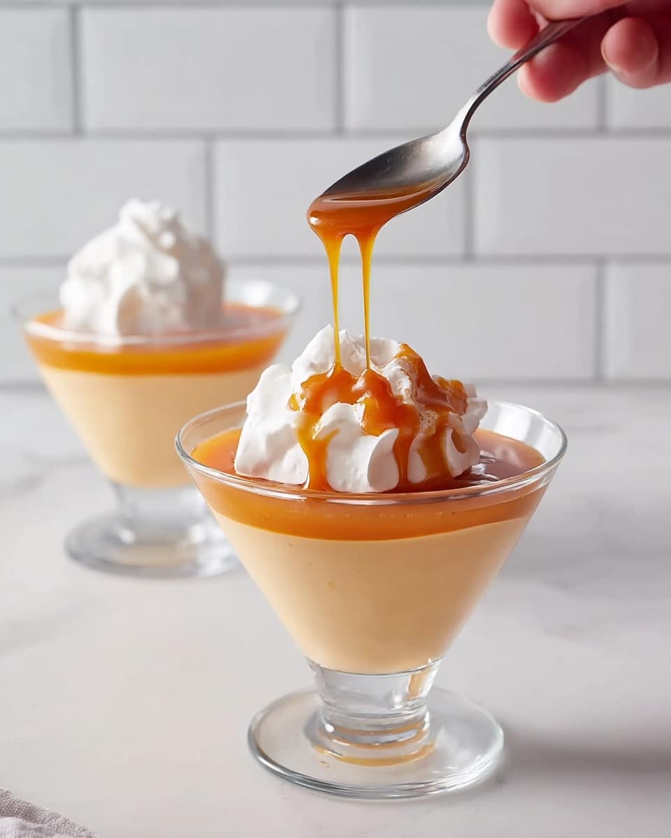 A clear glass dessert cup holds a creamy, smooth light orange pudding layer at the bottom. On top of this is a dollop of white whipped cream with soft, fluffy texture. A woman's hand is holding a spoon above the cup, dripping amber-colored caramel sauce in thin streams onto the whipped cream, creating a shiny, sticky drizzle that pools slightly on the cream. Another similar glass with the same dessert sits blurred in the background on a white marbled surface, all set against a clean white tile wall. photo taken with an iphone --ar 4:5 --v 7