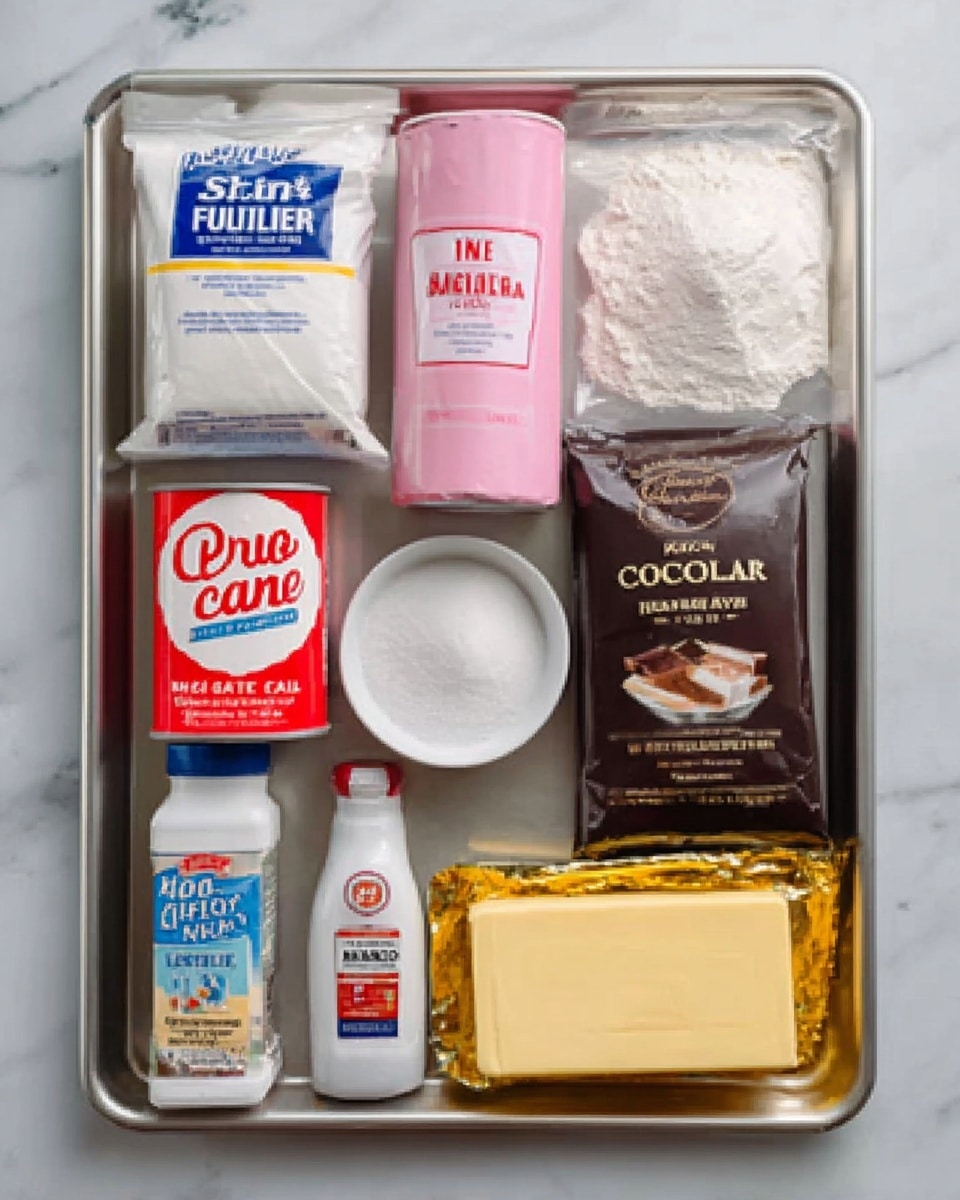 The image shows a metal tray with nine baking ingredients neatly arranged in three rows of three. The top row has a white bag of all-purpose flour on the left, a tall pink container of kosher salt in the middle, and a small white bowl of baking soda on the right. The middle row features a white bag of granulated sugar on the left, a red and white container of pure cane sugar in the center, and a dark brown package of 60% cacao unsweetened chocolate on the right. The bottom row includes a clear bottle of vanilla extract on the left, a white bottle of cream of tartar in the middle, and a yellow stick of butter wrapped in gold foil on the right. The tray is placed on a white marbled surface. photo taken with an iphone --ar 4:5 --v 7