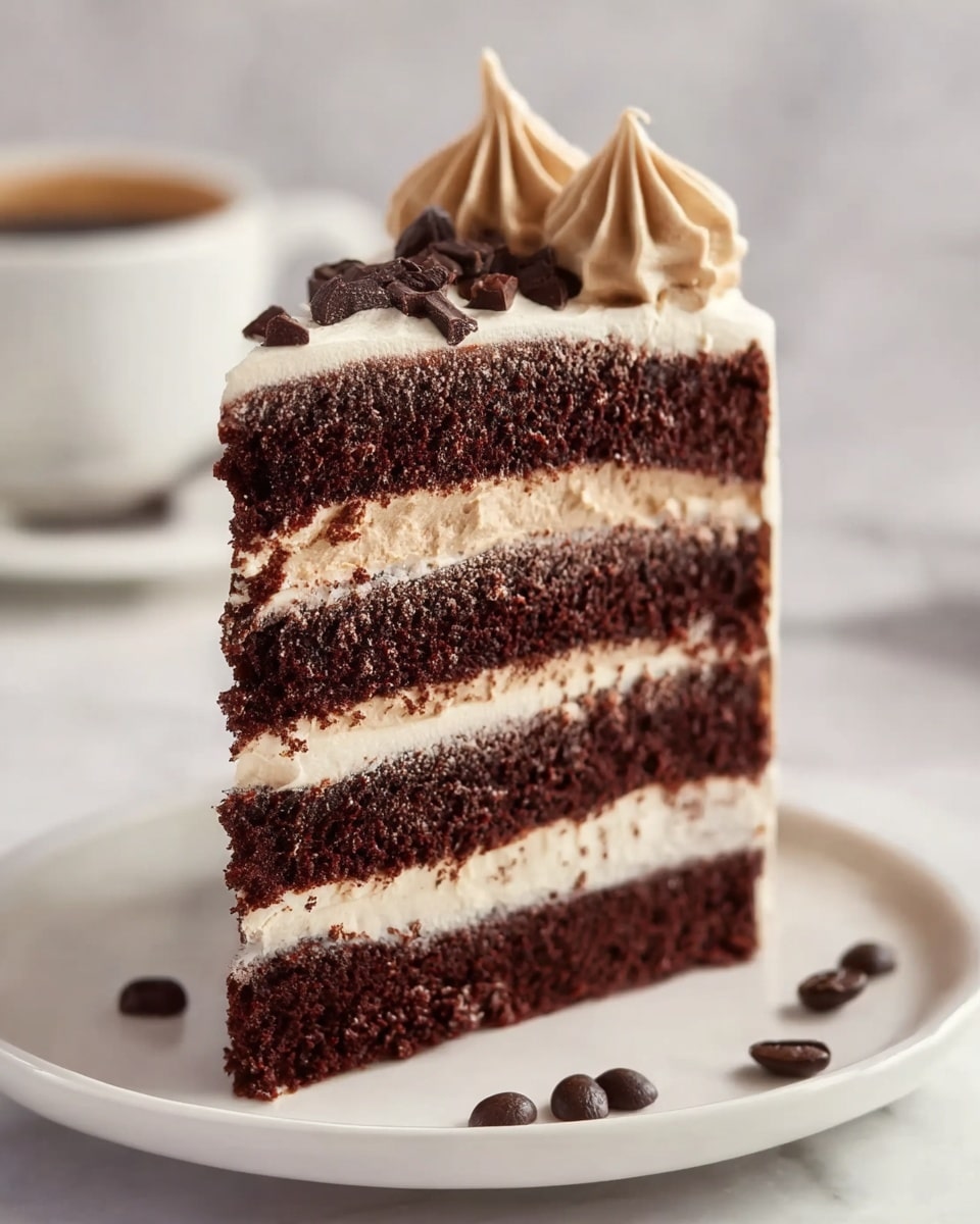 A tall slice of chocolate cake shows four dark brown layers, soft and crumbly, with three thick light brown cream layers in between. The top layer is covered in the same light brown cream, swirled in a small peak with dark chocolate pieces on top. The slice sits on a white plate, with a few dark coffee beans scattered around on a white marbled surface in the background. The photo taken with an iphone --ar 4:5 --v 7