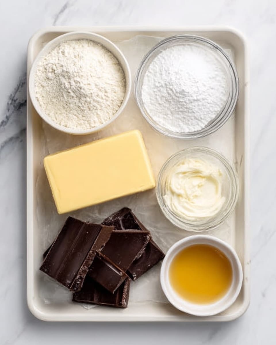On a white tray placed on a white marbled surface, there is a white bowl filled with flour at the top left side, a smaller white bowl with powdered sugar at the top right, a round clear glass bowl with granulated sugar at the bottom left, a rectangular block of yellow butter in the center right, a small white bowl with milk next to the butter, a small white bowl with a golden liquid (honey or syrup) to the far right, and at the bottom left side of the tray are three thick dark brown chocolate pieces. photo taken with an iphone --ar 4:5 --v 7