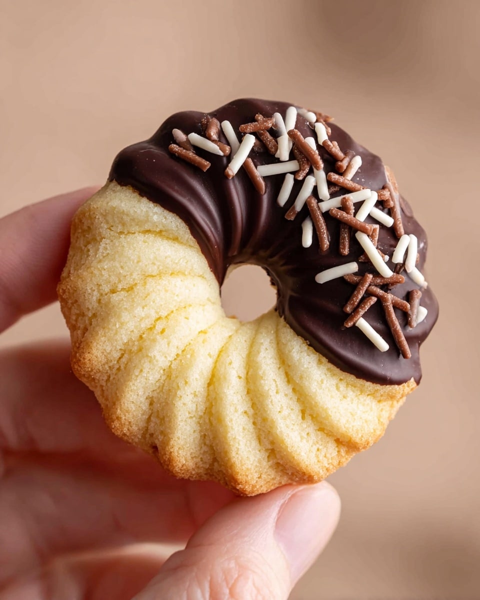A round, light yellow cookie with a swirled, ridged texture is held by a woman's hand. The top half of the cookie is dipped in smooth, dark chocolate, which is decorated with small, thin sprinkles in white, brown, and dark brown colors. The cookie has a small hole in the center, and the background is a soft, out-of-focus beige tone. photo taken with an iphone --ar 4:5 --v 7