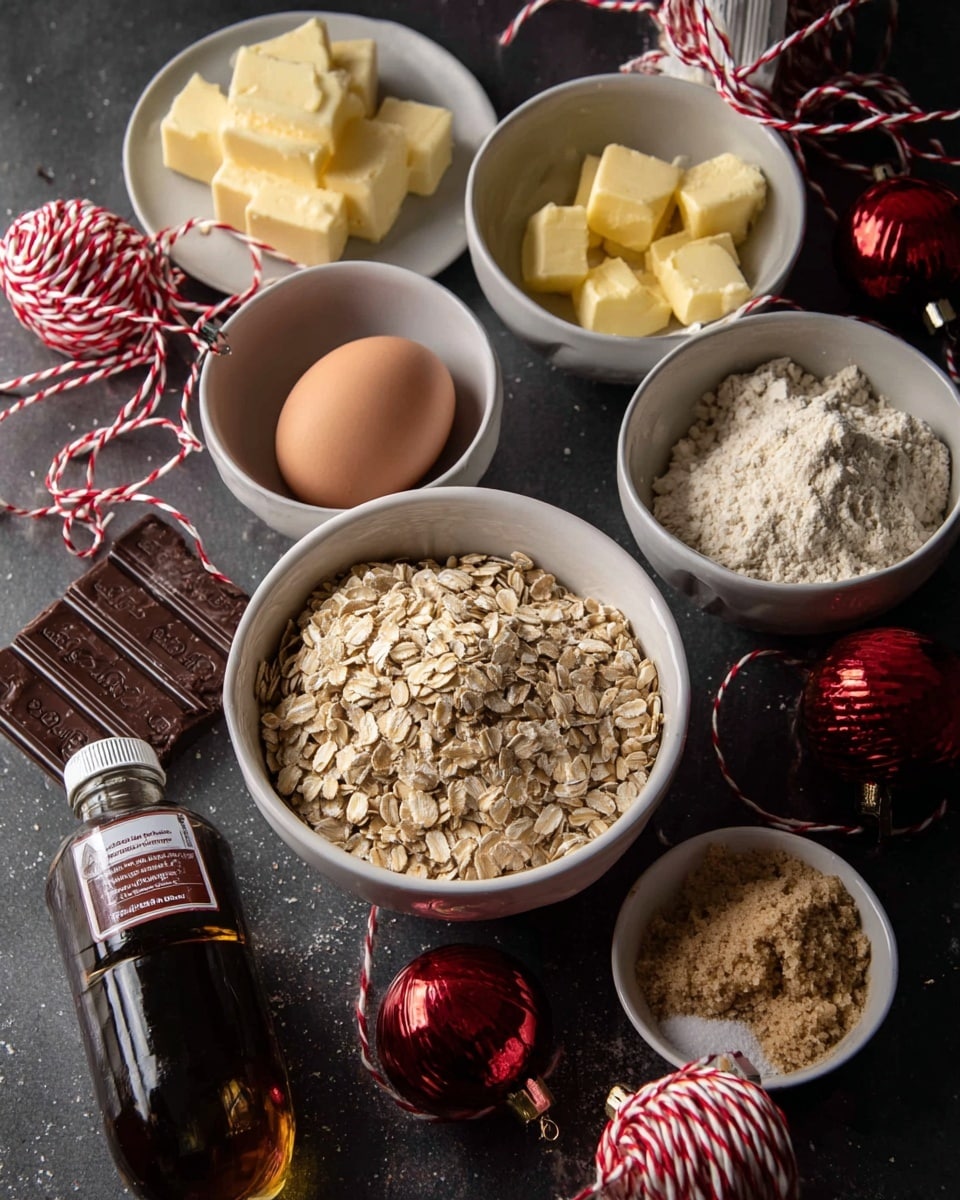 The image shows a mix of baking ingredients arranged on a dark surface with festive red and white Christmas decorations around. There are four white bowls: one large bowl full of light brown rolled oats in the center, a smaller bowl with a whole brown egg below it, another small bowl with light beige almond flour to the right of the oats, and a small bowl with light brown sugar at the bottom. To the left, there is a small white bowl with dark brown vanilla extract, yellow butter cut into cubes behind it, and a partially unwrapped dark chocolate bar on a white plate near the bottom left. A bottle of vanilla extract stands near the almond flour bowl. The string and Christmas ornaments create a holiday feel. photo taken with an iphone --ar 4:5 --v 7