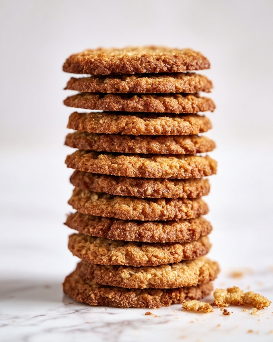 A tall stack of ten round oat cookies with a rough, crumbly texture and golden brown color sits on a white marbled surface. Each cookie layer shows uneven edges and visible oat flakes, creating a crunchy look. The cookies have a slightly darker, toasted brown on some parts, adding depth in color throughout the stack. There are some crumbs scattered on the white marbled surface near the base of the stack, and the background is plain white. Photo taken with an iphone --ar 4:5 --v 7
