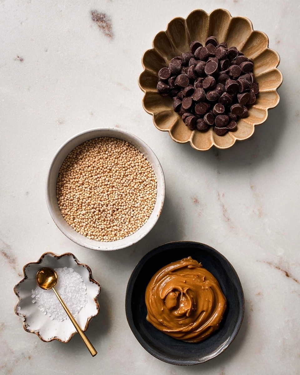A top-down view of four containers on a white marbled surface; the largest white bowl in the center holds small, round, beige grains filling it evenly, above and to the right is a light brown scalloped bowl filled with dark brown chocolate chips resting on a black plate, below to the right is a small black bowl with smooth, creamy brown peanut butter, and to the left of it is a small white scalloped dish holding coarse salt with a shiny golden spoon placed inside. photo taken with an iphone --ar 4:5 --v 7