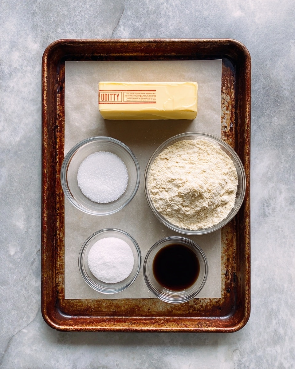 A rusty metal baking tray lined with a sheet of parchment paper sits on a white marbled surface. On the tray, there is a stick of butter in yellow wrapper placed near the top center. Below to the left are three clear glass bowls: one with coarse white salt, a larger one filled with light beige flour, and another with white powdered sugar. To the right of the butter, there is a small clear bowl filled with dark brown vanilla extract. The tray and ingredients are evenly spaced and photographed from above. photo taken with an iphone --ar 4:5 --v 7