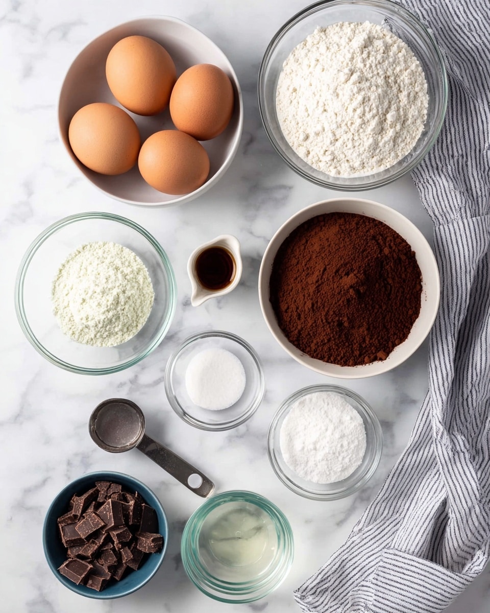 The image shows ingredients neatly arranged on a white marbled surface. There are eight containers with different items: a white bowl with four brown eggs on the top left, a glass bowl filled with white flour on the top right, a clear glass bowl with a dark brown cocoa powder below the eggs, a small white cup with dark brown vanilla extract under the cocoa powder, a medium white bowl with white sugar at the bottom center, a glass bowl with a clear liquid to the right of the sugar, a small dark blue bowl with white baking powder above the liquid, and a metal measuring cup with chopped chocolate chunks on the left side, below the cocoa powder. A striped gray and white cloth is partly visible on the right edge. Photo taken with an iphone --ar 4:5 --v 7
