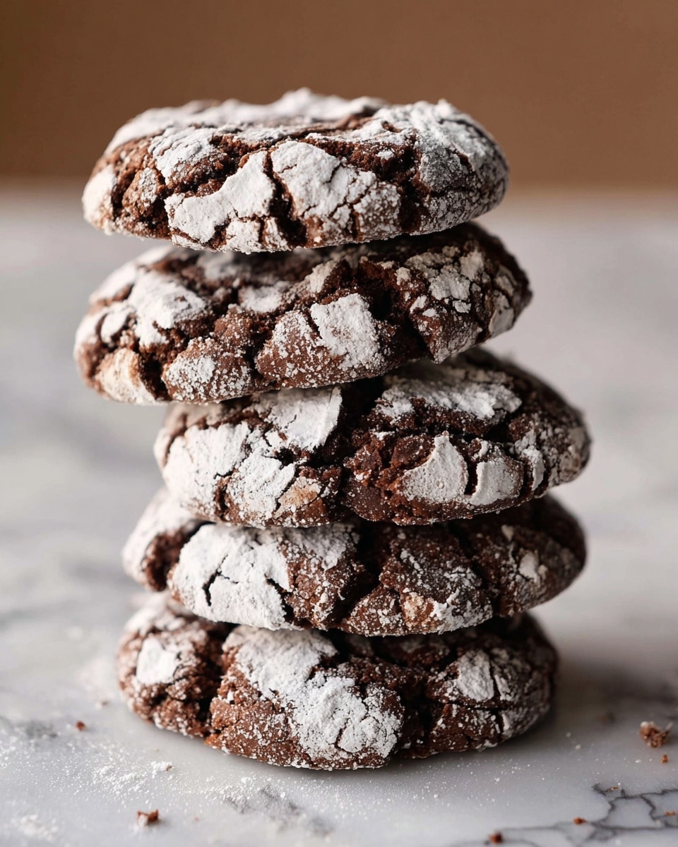 A stack of seven round chocolate cookies resting directly on a white marbled surface, each cookie covered with irregular patches of white powdered sugar that contrasts with the dark brown, slightly cracked texture of the chocolate dough; the cookies have a rough, crumbly appearance with some sugar dust scattered around the base. Photo taken with an iphone --ar 4:5 --v 7