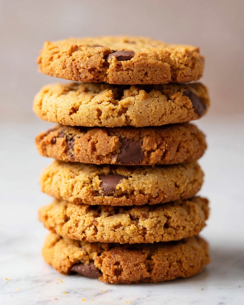 A stack of five golden brown cookies with visible chunks of chocolate is shown close up. Each cookie is thick with a rough, crumbly texture and slightly cracked tops. The cookies are stacked vertically, with each cookie slightly uneven but balanced on top of the other, against a soft, out-of-focus background with a white marbled surface under them. photo taken with an iphone --ar 4:5 --v 7