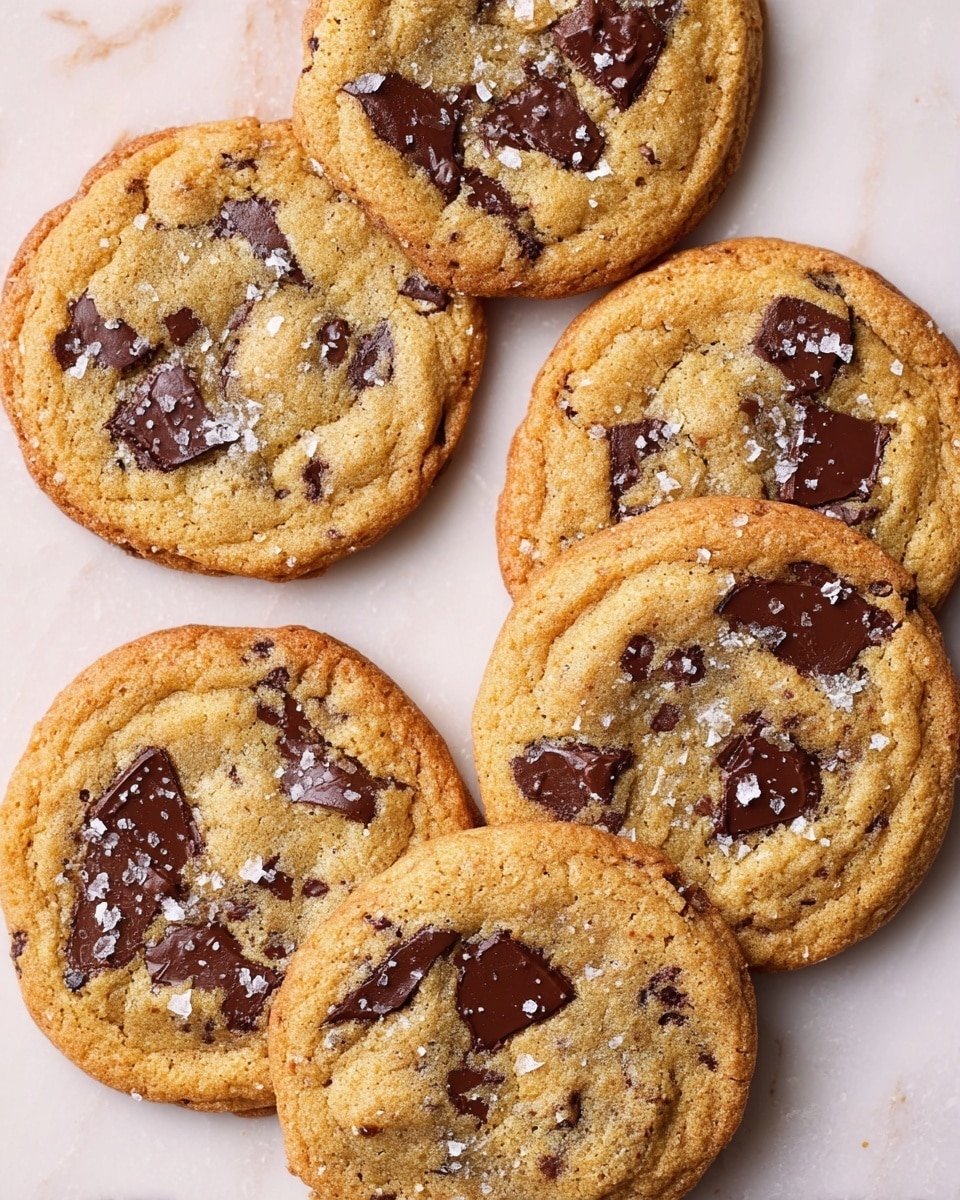 Five round chocolate chip cookies lay close together on a white marbled surface. Each cookie is a warm golden brown with darker golden edges and a soft, slightly wrinkled texture on top. Visible large, melted dark chocolate chips are embedded unevenly throughout the cookies, some near the center and others closer to the edges. A light sprinkling of coarse sea salt flakes is scattered on the surface of each cookie, catching the light and adding texture contrast. The cookies look soft and thick with a slightly raised center and thinner, crisp edges. photo taken with an iphone --ar 4:5 --v 7