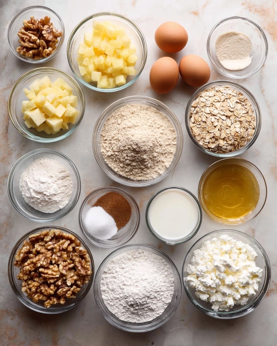 A top-down view shows 14 clear glass bowls arranged in a slightly curved, horizontal line on a white marbled surface. From left to right, they contain chopped walnuts, diced pale yellow fruit, golden brown sugar, white sugar, whole brown eggs, rolled oats, light brown flour, a small bowl of ground cinnamon, a medium-sized bowl of white egg whites or a similar fluffy white substance, a large bowl of white powder (probably flour), a small bowl of golden syrup, white milk, white flour, a small bowl of salt, a tiny bowl of baking soda, and a bowl of white curd-like cheese. The arrangement is neat, with varying sizes of bowls and different textures and colors visible. photo taken with an iphone --ar 4:5 --v 7