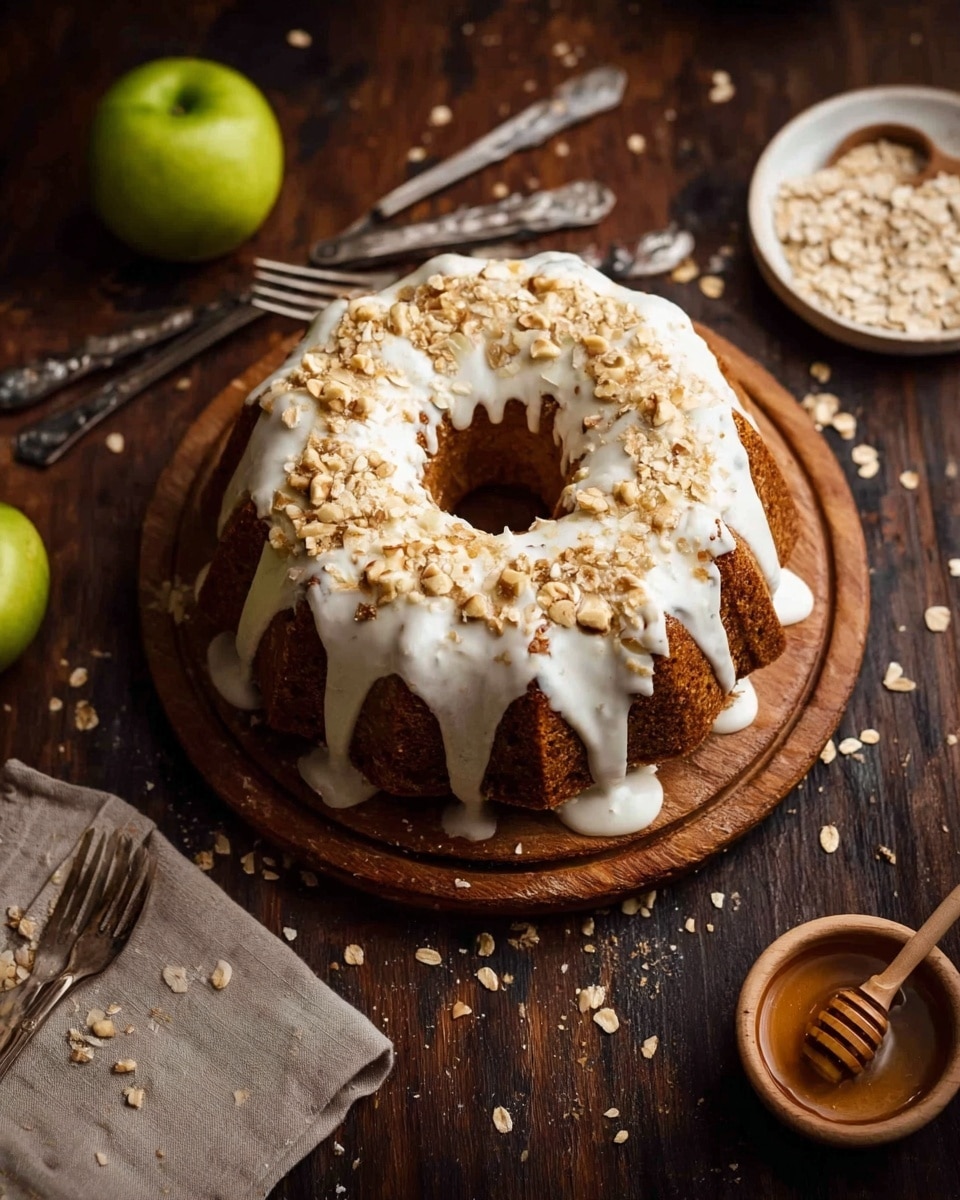 A round bundt cake with a light brown color sits on a wooden board, covered with a thick layer of white icing that drips down the sides unevenly. The icing is sprinkled with small pieces of chopped nuts that add texture and a golden color on top. The cake is placed on a dark wooden surface scattered with oats. Around it are a bunch of metal forks and a serving spoon on a small white plate with a beige cloth underneath, a green apple to the left, and to the right, a small white bowl filled with oats and a wooden honey dipper resting in a small wooden bowl with honey. The scene is warm and rustic. photo taken with an iphone --ar 4:5 --v 7