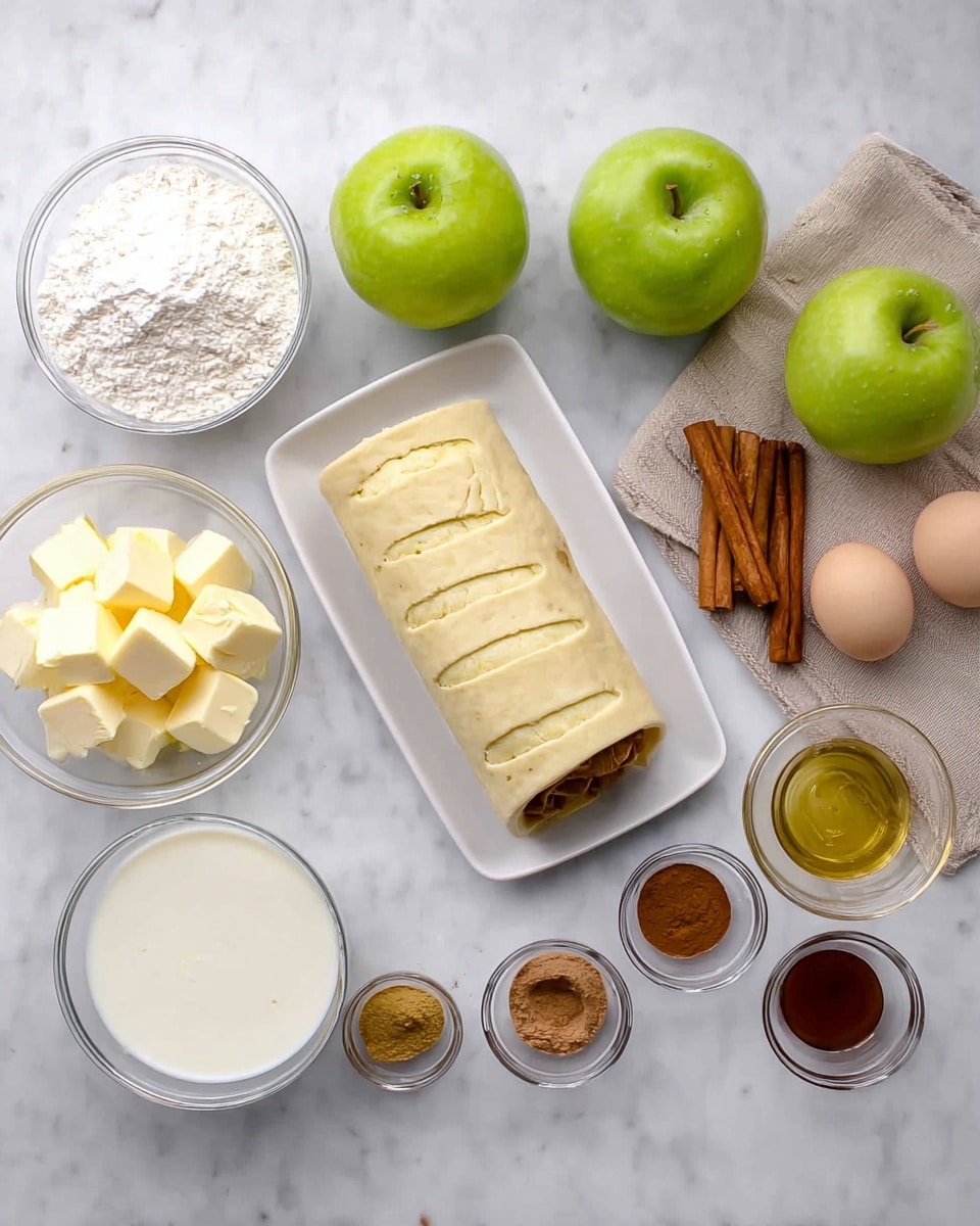The image shows ingredients for baking arranged neatly on a white marbled surface. At the center-top, there is a white rectangular plate holding a rolled dough with visible slits, and a brown filling inside. To the left of the plate, there are two green apples placed next to a small glass bowl of white flour and a larger glass bowl filled with milk. Below the plate, a few cubes of butter sit inside a clear glass bowl. To the right of the butter, several small glass bowls contain vanilla extract, cinnamon powder, and nutmeg powder. Above these bowls, a clear glass bowl holds two raw eggs. In the top right corner, more green apples, two cinnamon sticks, and a beige cloth napkin complete the setup. Photo taken with an iphone --ar 4:5 --v 7