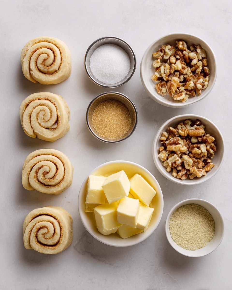 The image shows eight small, raw cinnamon rolls with a light beige dough and visible spiral shapes, arranged in two vertical rows on the left side. To the right, there are five small bowls and containers on a white marbled surface: a silver bowl with light brown sugar, a smaller silver bowl holding white granulated sugar, a white bowl filled with chopped walnuts showing a mix of light brown and cream colors, another white bowl containing coarse light brown sugar, and a larger silver bowl in the center holding soft yellow butter chunks. The image is bright and clean, with all items neatly spaced. photo taken with an iphone --ar 4:5 --v 7