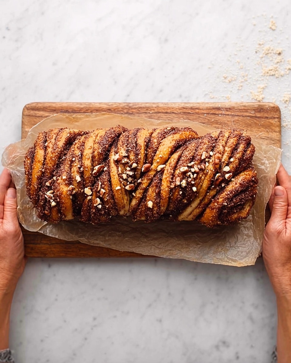 A loaf of cinnamon roll bread with eight thick, twisted, golden-brown layers stacked closely side by side, each layer covered with a dark cinnamon and sugar mixture that creates a rough textured top. The bread is sprinkled with small chunks of pecans on top, adding a crunchy texture. The loaf rests on a piece of translucent parchment paper, which is placed on a rectangular wooden cutting board. Both woman's hands gently hold the cutting board from either side. The background is a white marbled surface. Photo taken with an iphone --ar 4:5 --v 7
