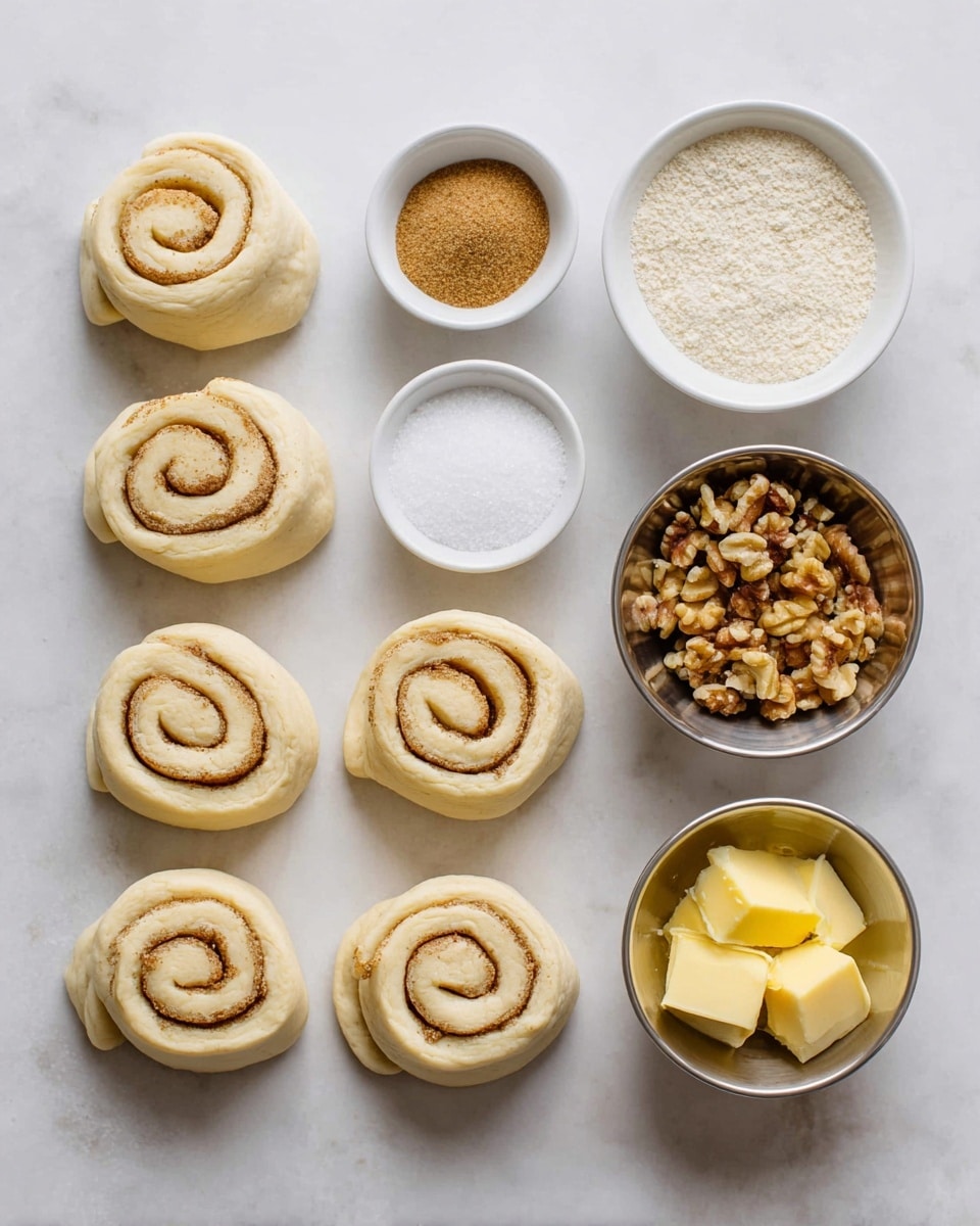 The image shows eight raw cinnamon roll dough spirals arranged in two neat columns on the left side, each with a pale, soft dough and visible cinnamon swirl inside. On the right side, there are five small white bowls and one metal bowl placed on a white marbled surface. The top row has three bowls: one with light brown ground cinnamon, one with white granulated sugar, and one filled with chopped walnuts. Below these, there is a white bowl with light brown soft brown sugar and a metal bowl with a few chunks of yellow butter. The ingredients are cleanly placed and evenly spaced, ready for baking use. photo taken with an iphone --ar 4:5 --v 7
