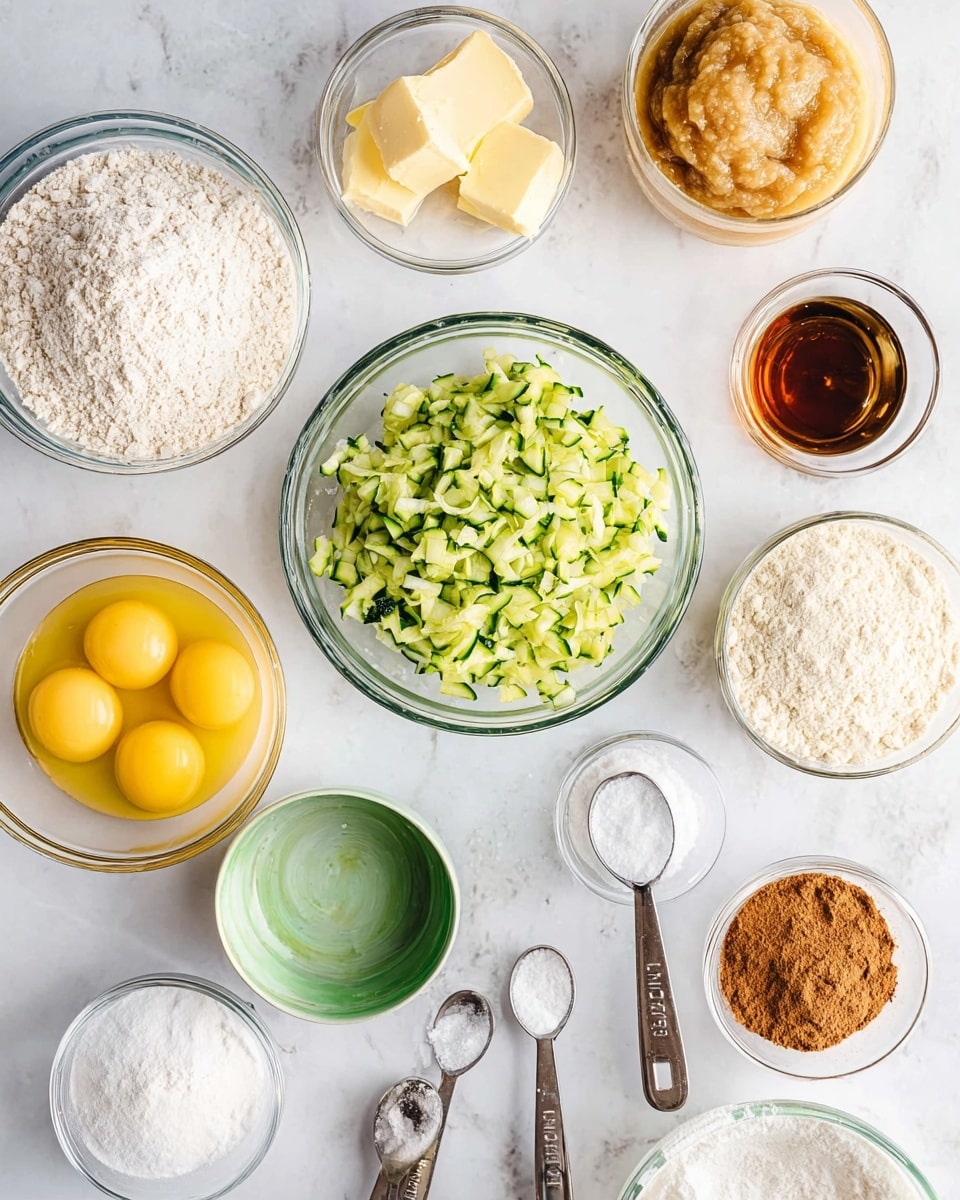 A top-down view shows several small clear glass bowls arranged on a white marbled surface, each holding different baking ingredients. At center is a bowl filled with green chopped zucchini. Surrounding it are bowls with white flour, pale yellow softened butter, and light beige applesauce. There is a bowl with two raw yellow egg yolks, a green bowl with a clear liquid, a small bowl with brown liquid vanilla extract, and another small bowl filled with white granulated sugar. Three measuring spoons at the bottom hold salt, baking soda, and brown cinnamon powder. The bowls and spoons create a neat and clean layout, with soft natural lighting. Photo taken with an iphone --ar 4:5 --v 7