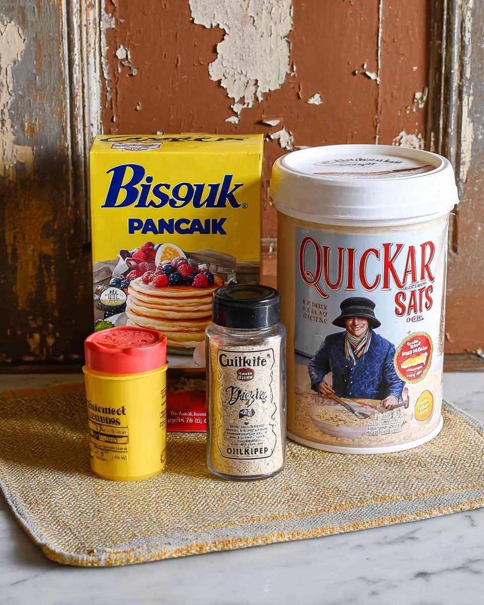 The image shows four kitchen items arranged side by side on a textured beige mat over a white marbled surface. From left to right, there is a yellow box of Bisquick pancake and baking mix featuring a picture of pancakes topped with berries, a small yellow single-serving container with a red lid in front, a clear spice jar with a black lid labeled cinnamon sugar, and a large white container of Quaker Oats with a picture of a man in a dark hat and blue coat on the label. The background consists of a worn wooden wall with peeling paint. Photo taken with an iphone --ar 4:5 --v 7