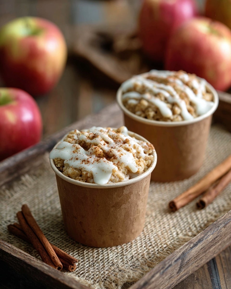 The image shows two brown paper cups filled with a light brown crumbly dessert topped with white icing drizzle and sprinkled cinnamon powder. The cups are placed on a coarse textured burlap cloth on top of a wooden tray. There are cinnamon sticks lying next to the cups and two red apples placed nearby. The background features a blurred wooden surface and more apples. photo taken with an iphone --ar 4:5 --v 7