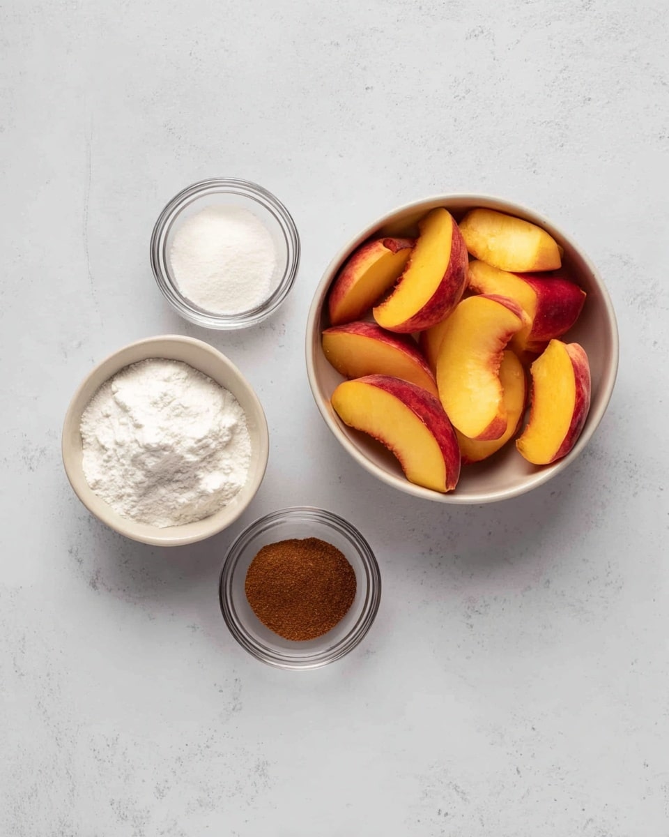 The image shows four small bowls with different ingredients on a clean white marbled surface. The largest bowl in the top right holds bright orange peach slices with red skin, filling it about halfway. Below and slightly left are two small transparent bowls, one containing fine white sugar and the other a dark brown ground spice, likely cinnamon. To the top left is a small white bowl filled with a white powder, possibly cornstarch. The arrangement is neat with good lighting highlighting the colors and textures clearly. Photo taken with an iphone --ar 4:5 --v 7