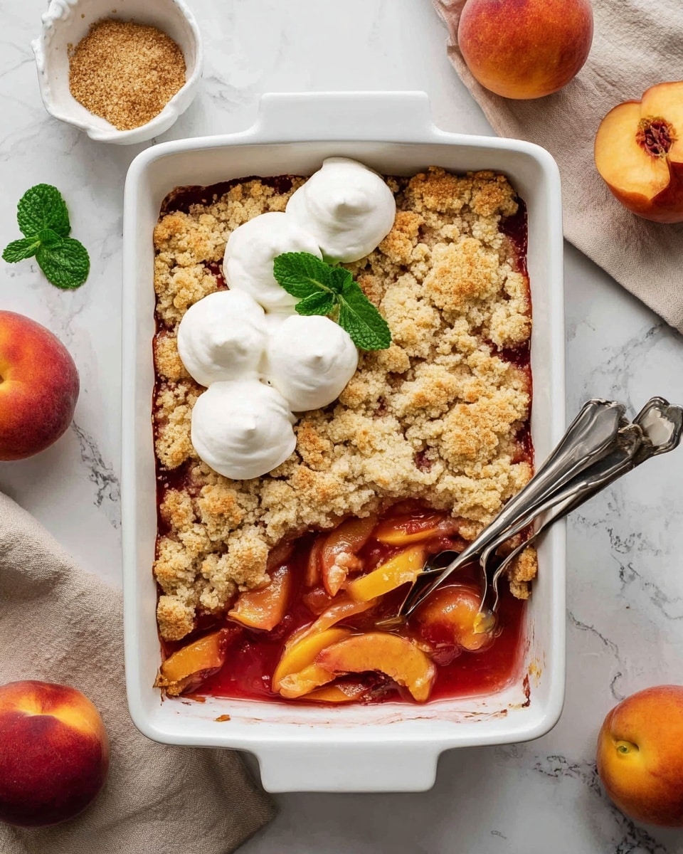 The image shows a white rectangular dish filled with a peach cobbler. The bottom layer is made of cooked peach slices in a syrupy red-orange sauce. The top layer is a golden-brown, crumbly biscuit crust broken in places, revealing the peach filling underneath. On one side of the cobbler, there are seven dollops of white whipped cream arranged in a small cluster with green mint leaves in the center. Two silver spoons rest inside the dish on the right side. The dish sits on a white marbled surface surrounded by whole peaches, a small white bowl with brown sugar, and a beige cloth napkin. photo taken with an iphone --ar 4:5 --v 7