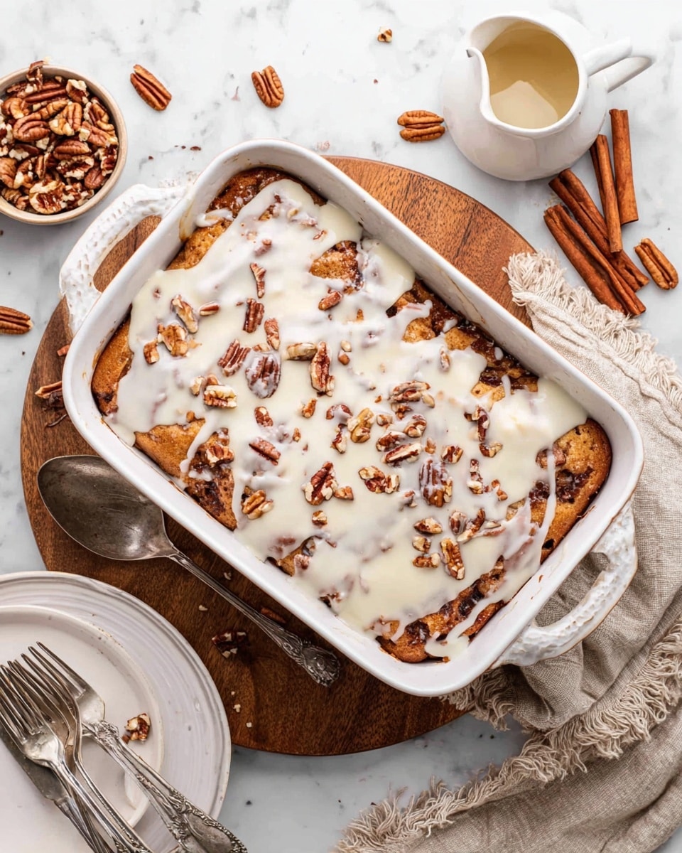 A white rectangular baking dish filled with a baked dessert that has a golden brown layer with visible chunks inside. On top, a smooth white glaze is spread unevenly, lightly dripping over the edges, and sprinkled with broken pieces of pecans scattered across. The dish sits on a wooden board over a white marbled surface. Around it, there is a small bowl with more pecans, a small white pitcher with extra glaze, a bunch of cinnamon sticks, a couple of forks on a white plate, and a beige cloth with frayed edges beside a silver spoon. photo taken with an iphone --ar 4:5 --v 7
