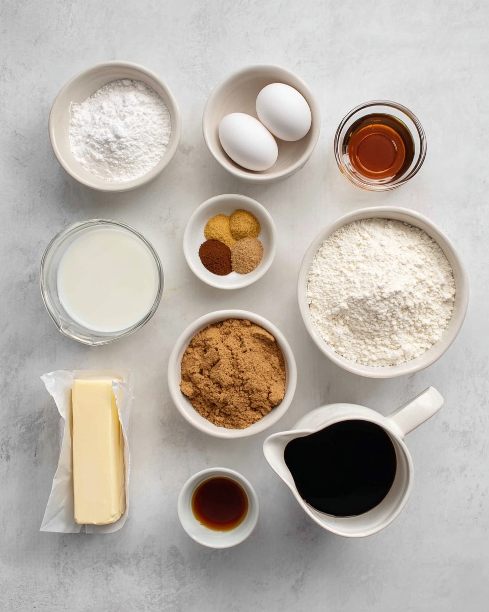 The image shows ten small white bowls and a glass jug arranged on a white marbled surface, each containing different baking ingredients. Starting from the top left, the first bowl has white powder, possibly baking soda and salt. Next to it is a bowl with two white eggs. Below that is a bowl with four brown and yellow spices arranged in small piles. To the right is a larger white bowl filled with white flour. Below the spices bowl is a bowl filled with light brown packed sugar. At the bottom left is a stick of butter, mostly wrapped in paper, next to a glass jug filled with white milk. On the bottom right is a white pitcher with a dark liquid, likely molasses or syrup. A small glass bowl near the butter has a brown liquid, possibly vanilla extract. All items are clearly separated and placed neatly on the surface. photo taken with an iphone --ar 4:5 --v 7